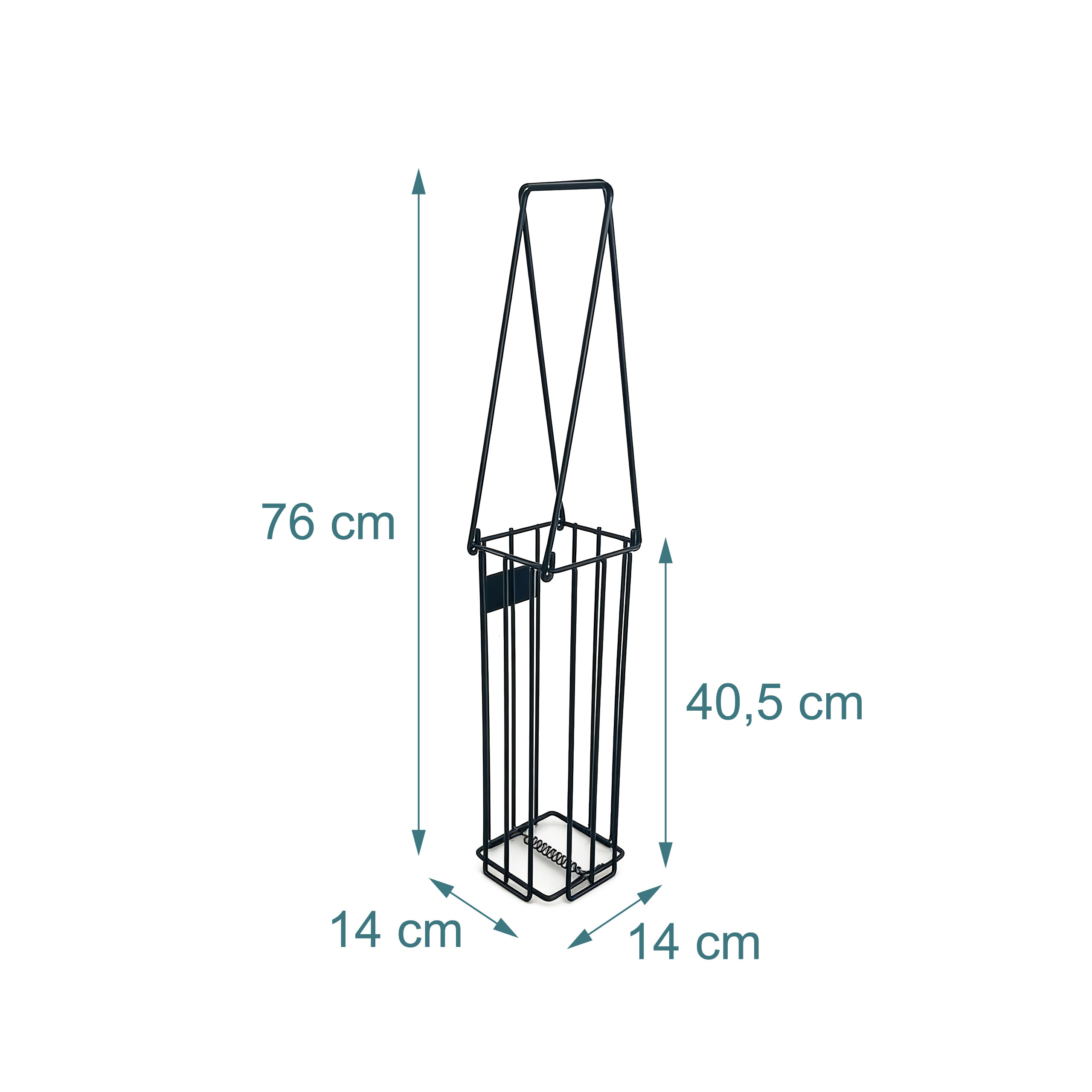Technische Zeichnung eines schwarzen Metallkorbs mit Maßangaben: 76 cm hoch, 14 cm breit, 14 cm tief.