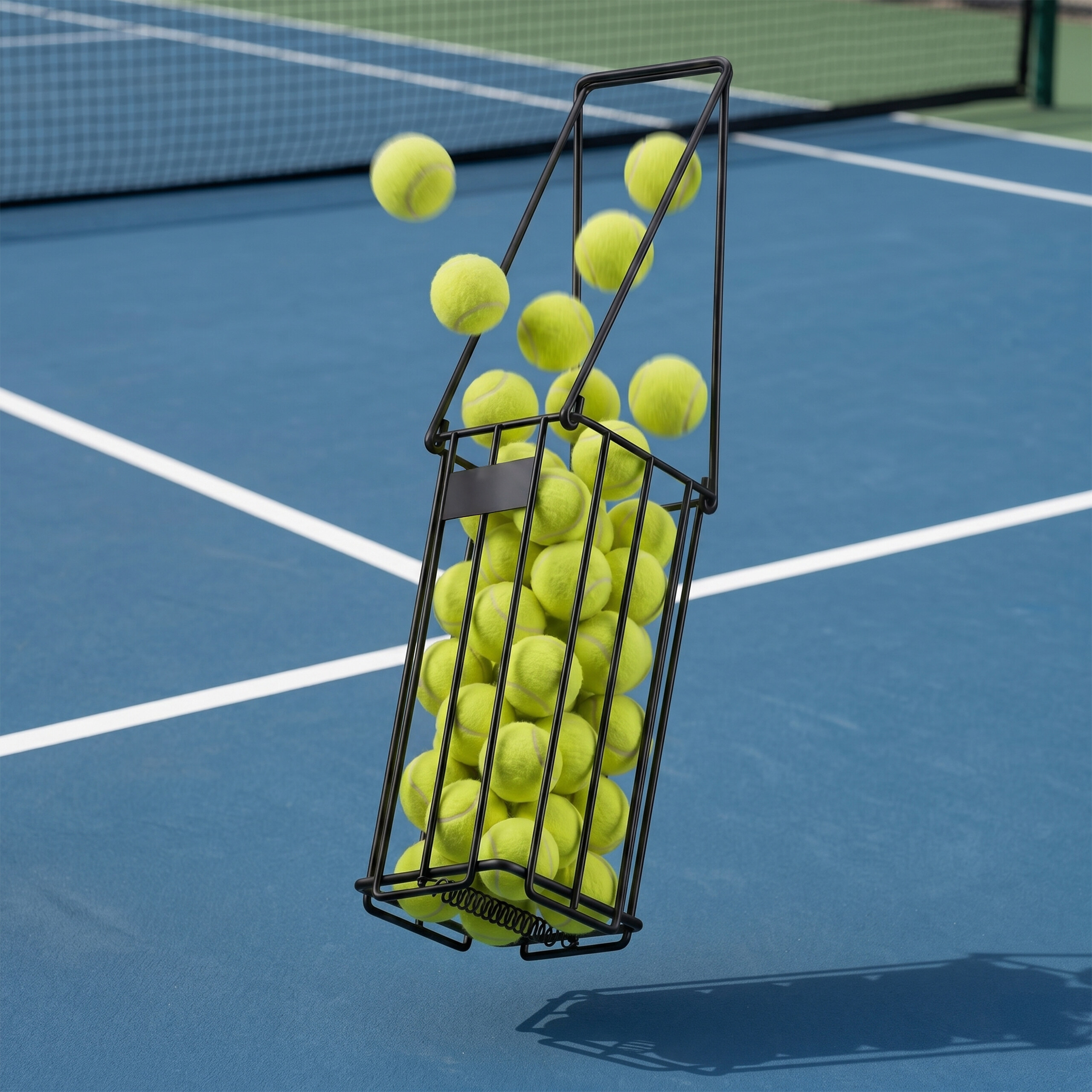 Ein hängender, schwarzer Drahtkorb voller gelber Tennisbälle über einem blauen Tennisplatz.