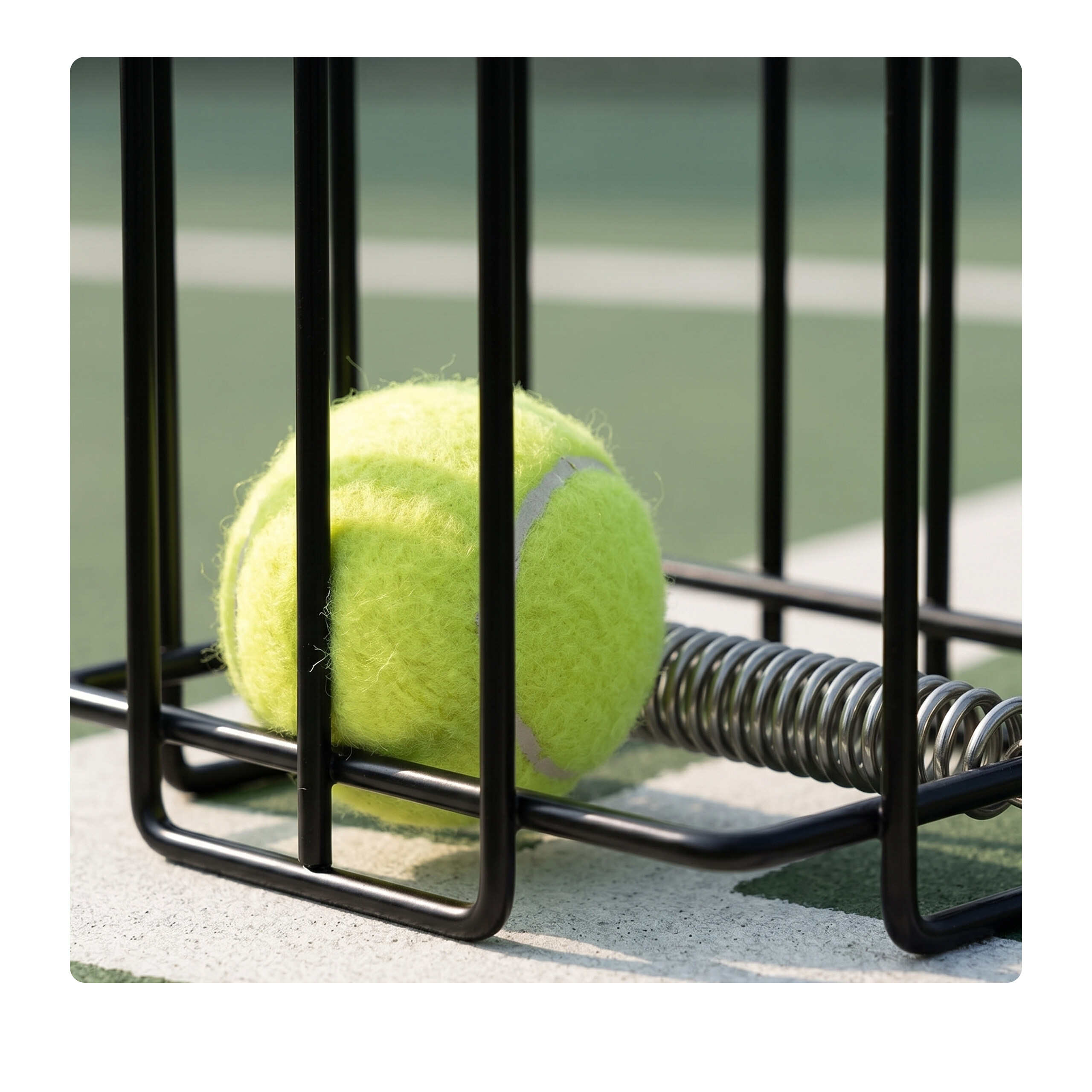 Ein gelber Tennisball sitzt in einem schwarzen Metallkorb mit einer Feder auf einem Tennisplatz.