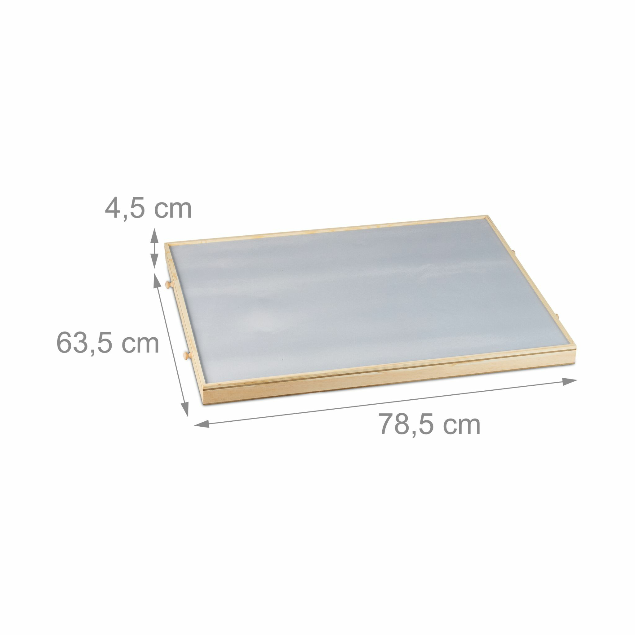 Flaches Holtablett mit grauer Innenfläche und Maßangaben in Zentimetern auf weißem Hintergrund.