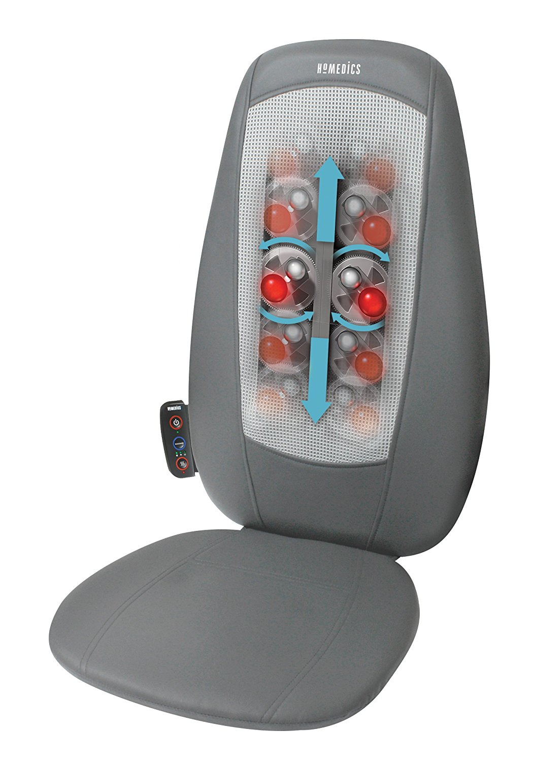 Ein grauer HoMedics-Massage-Sitzauflage mit rotleuchtenden Massageköpfen und blauen Bewegungspfeilen.