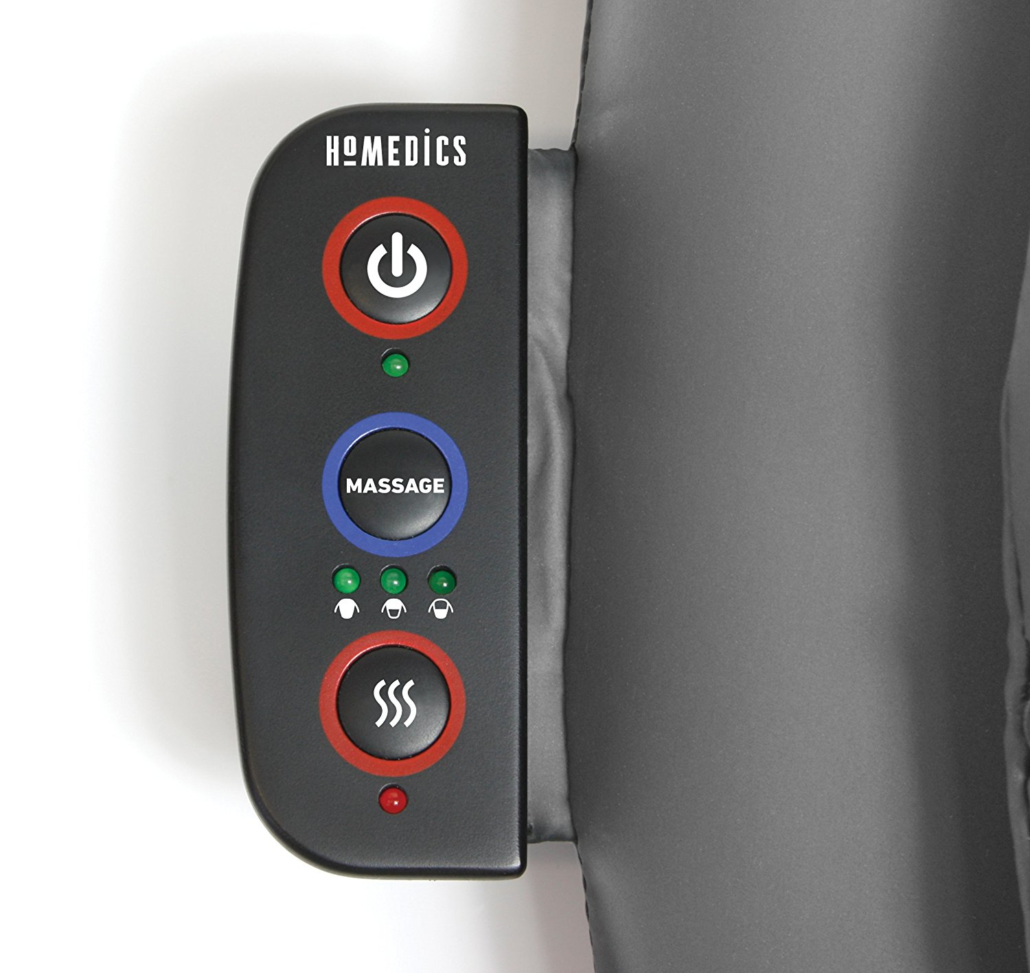 Schwarze HoMedics-Fernbedienung mit Strom-, Massage- und Heiztasten.