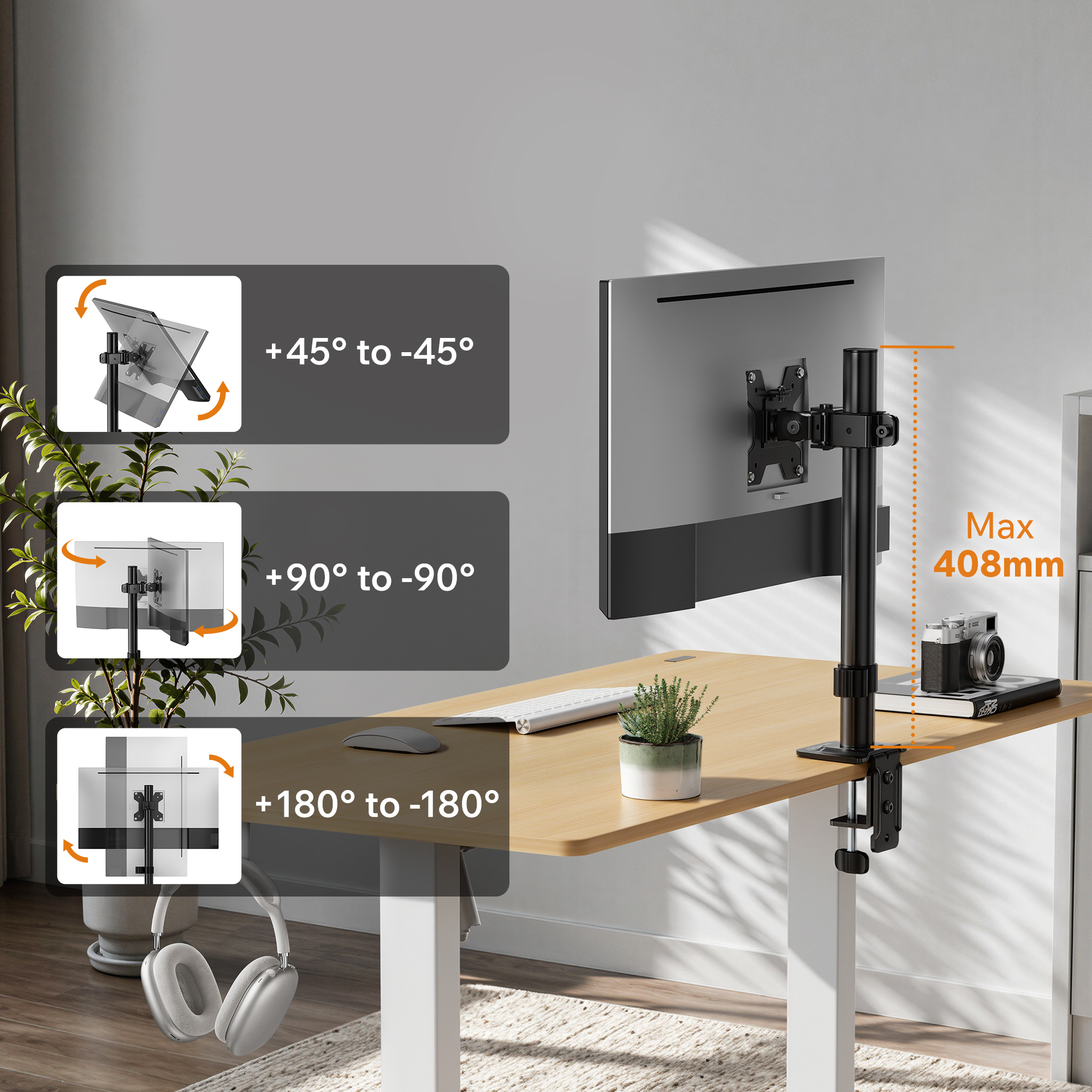 Monitorarm auf einem Holztisch mit grafischen Darstellungen für Neigung, Drehung und Schwenkbereiche.