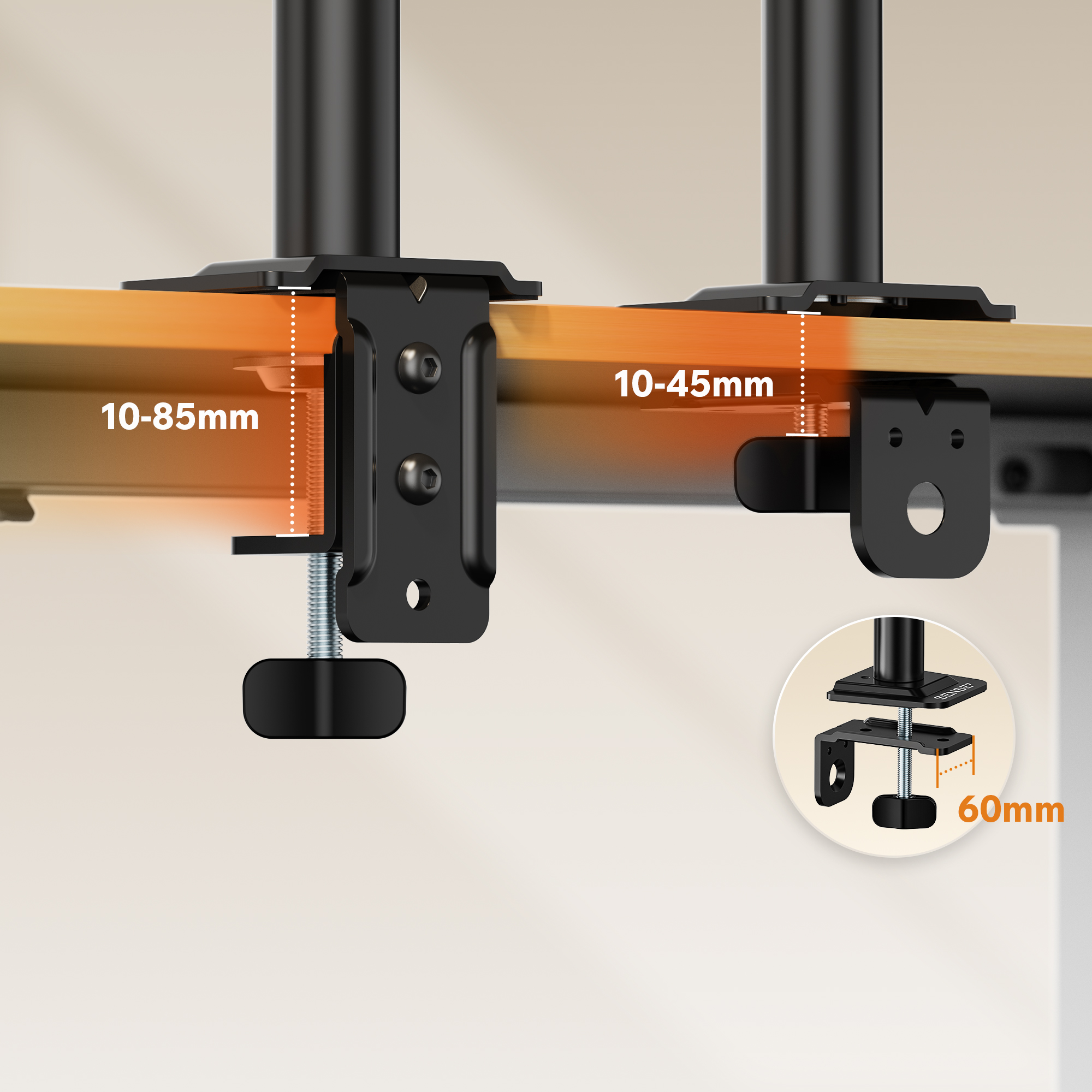 Zwei schwarze Tischhalterungen zeigen Dickenbereiche von 10-85 mm und 10-45 mm sowie eine Tiefe von 60 mm.