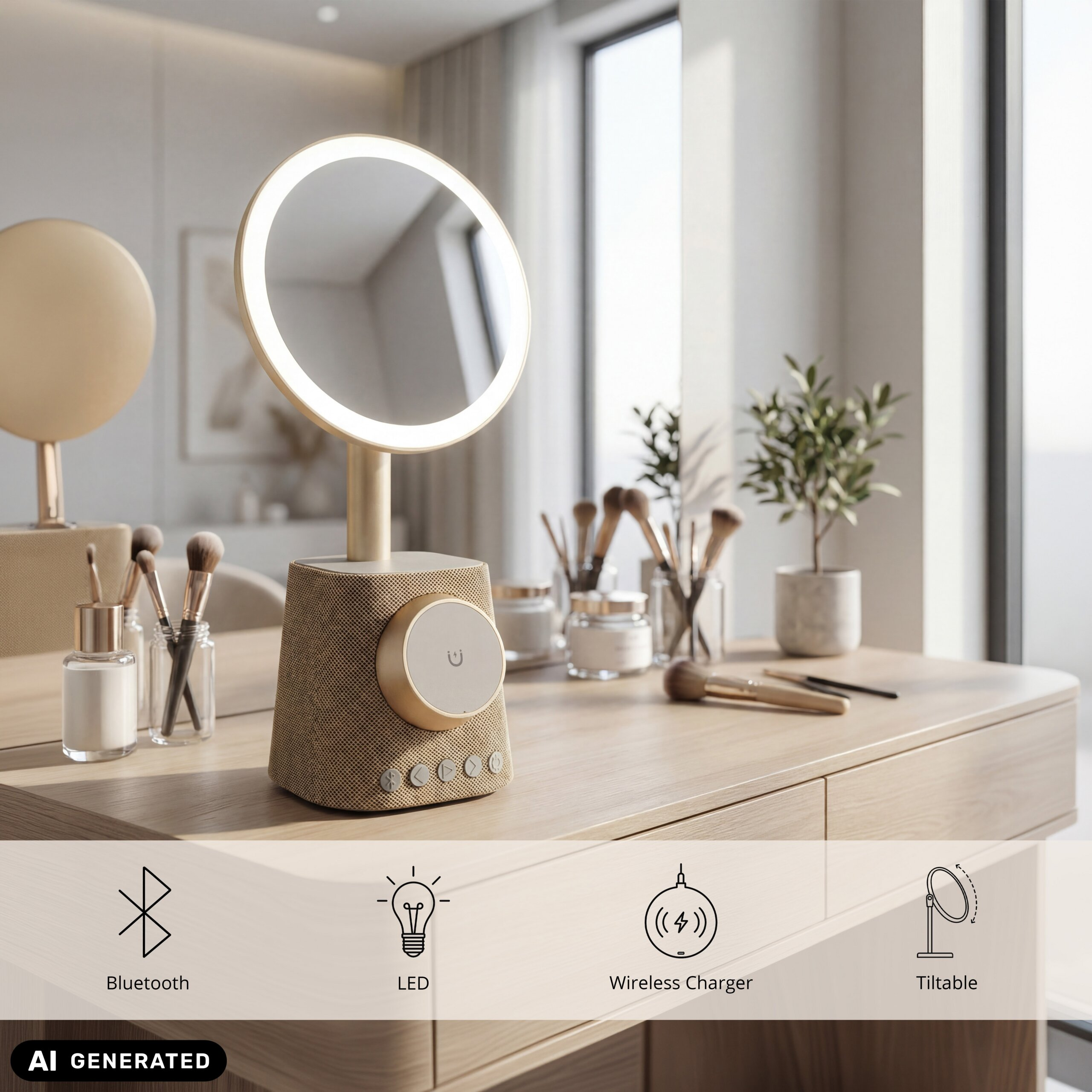 Ein intelligenter Kosmetikspiegel mit LED-Licht, Lautsprecher und kabellosem Ladegerät steht auf einem Holztisch.