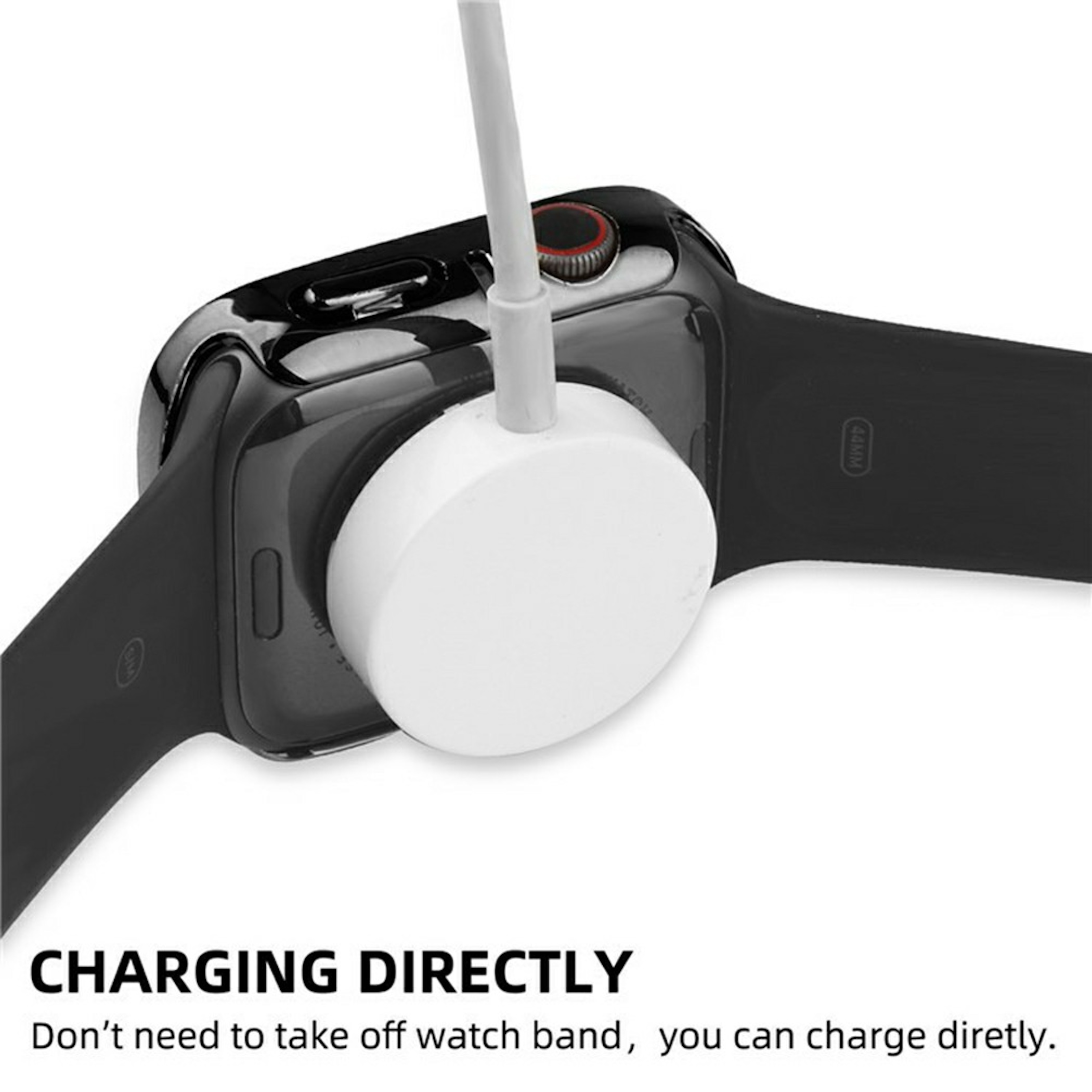 Eine schwarze Smartwatch wird mit einem runden magnetischen Ladekabel auf der Rückseite aufgeladen.