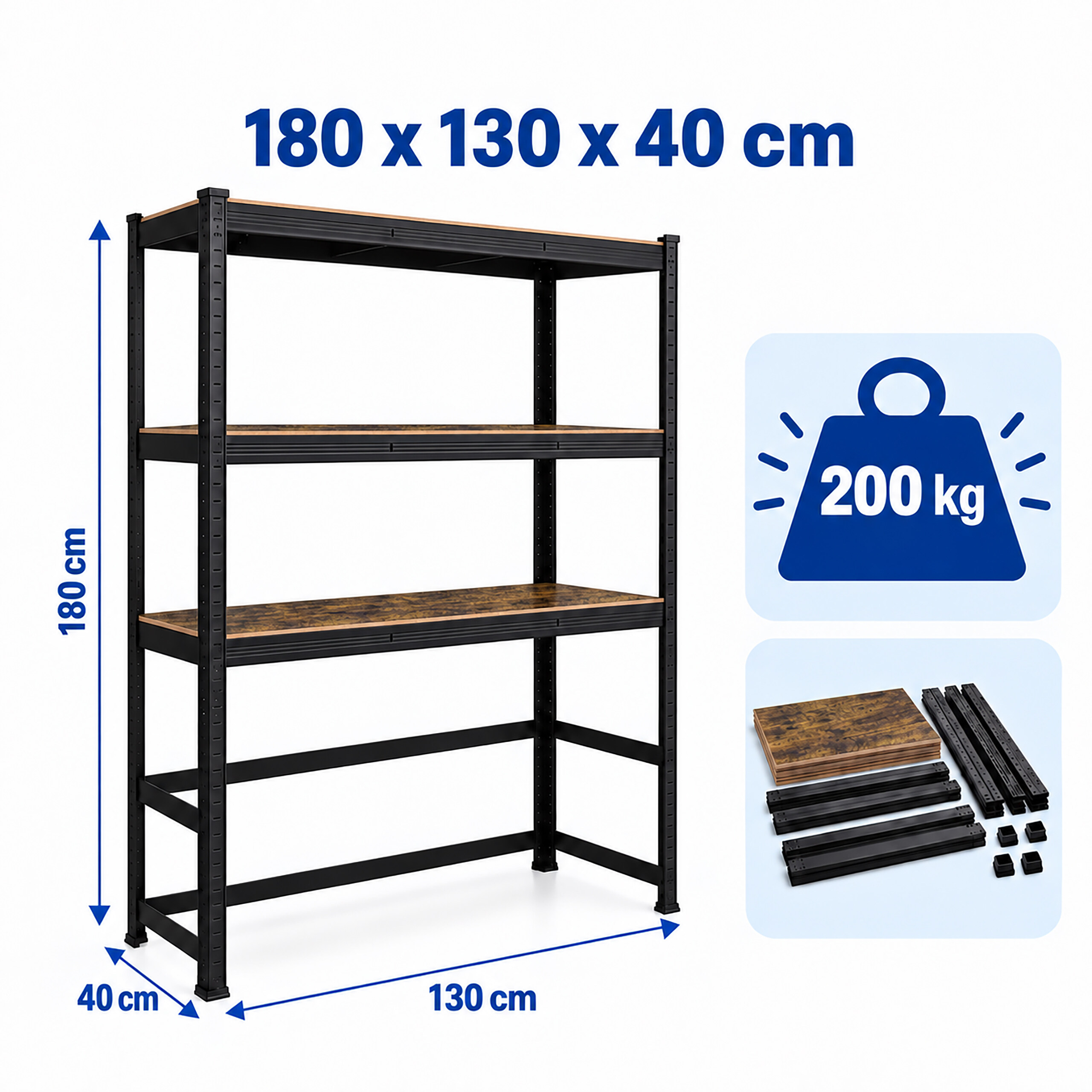 Schwarzes Metallregal mit Holzböden, Maße 180x130x40 cm, 200 kg Tragkraft und Einzelteilen.
