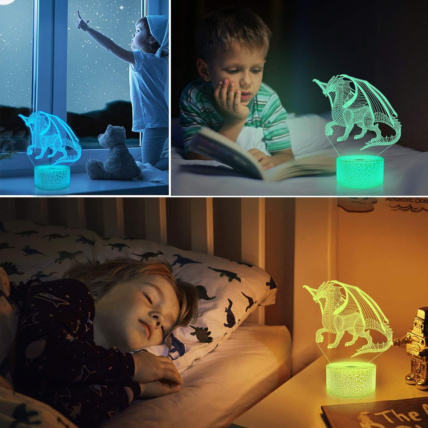 Kinderszenen mit einer leuchtenden 3D-Drachenlampe auf dem Nachttisch bei Nacht.
