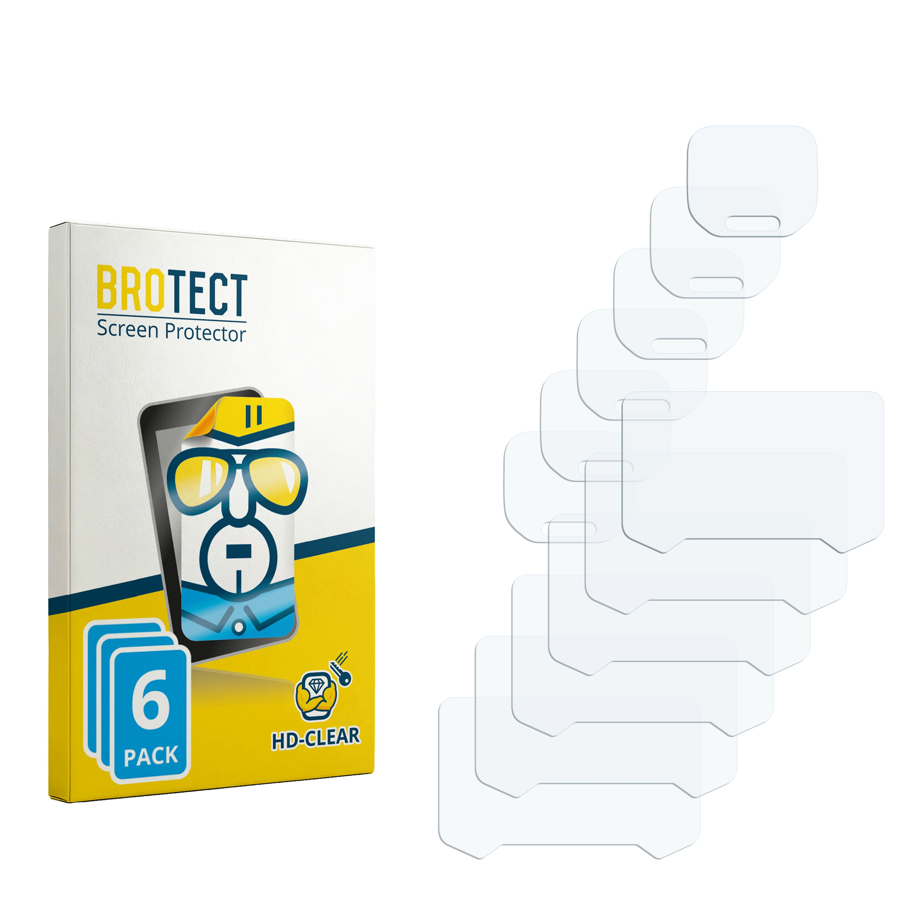 BROTECT Displayschutz 6er-Pack Schachtel mit mehreren transparenten Schutzfolien daneben.