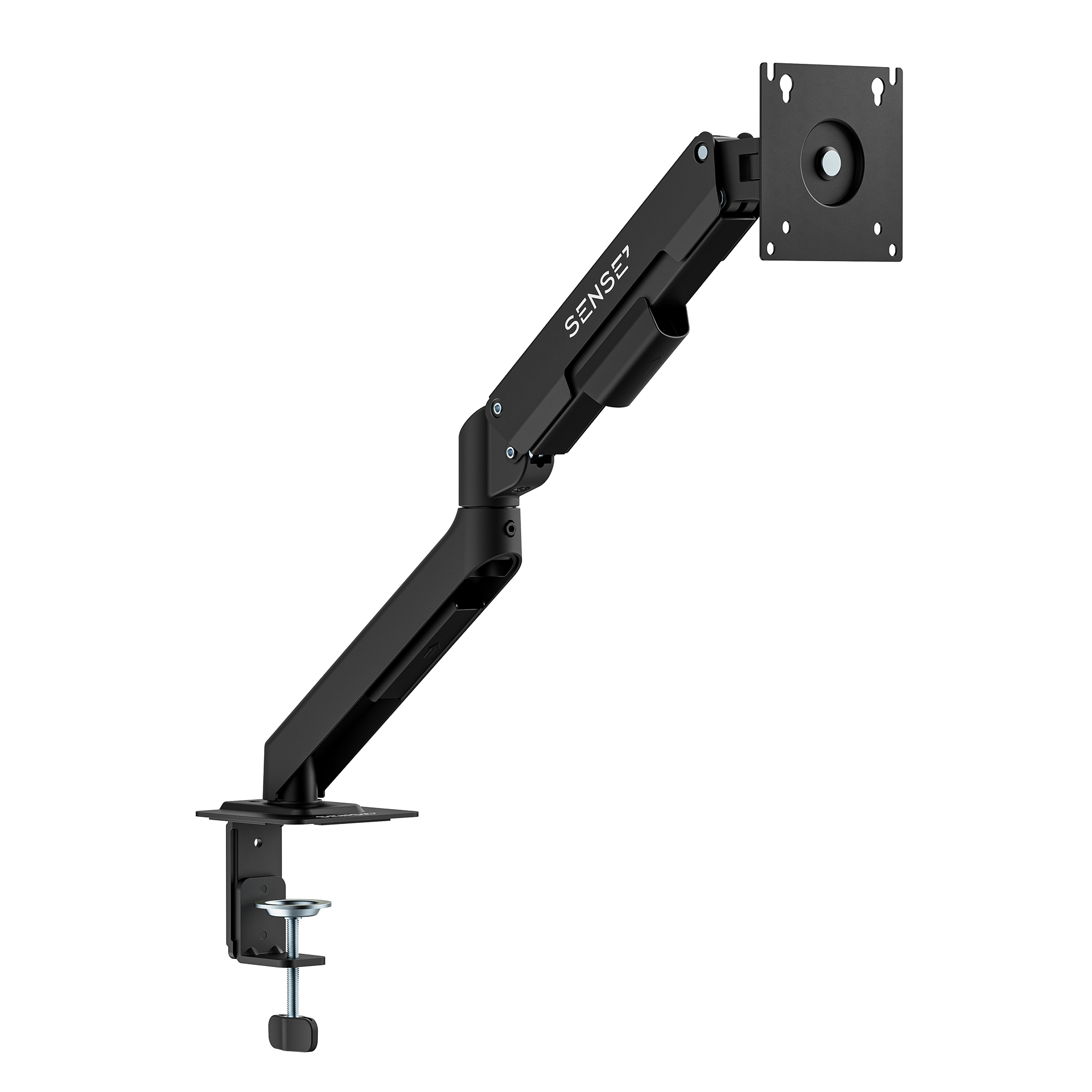 Ein schwarzer, beweglicher Monitor-Tischhalter mit C-Klemme und VESA-Platte vor weißem Hintergrund.