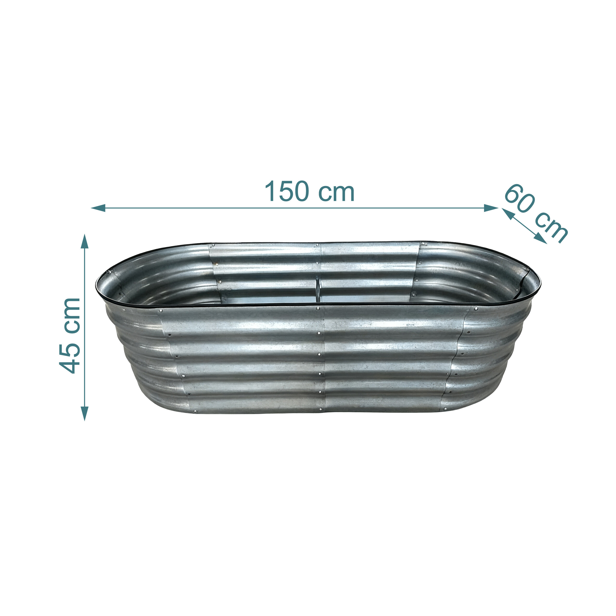 Ein ovales, graues Hochbeet aus Metall mit Maßen: 150 cm lang, 60 cm breit und 45 cm hoch.