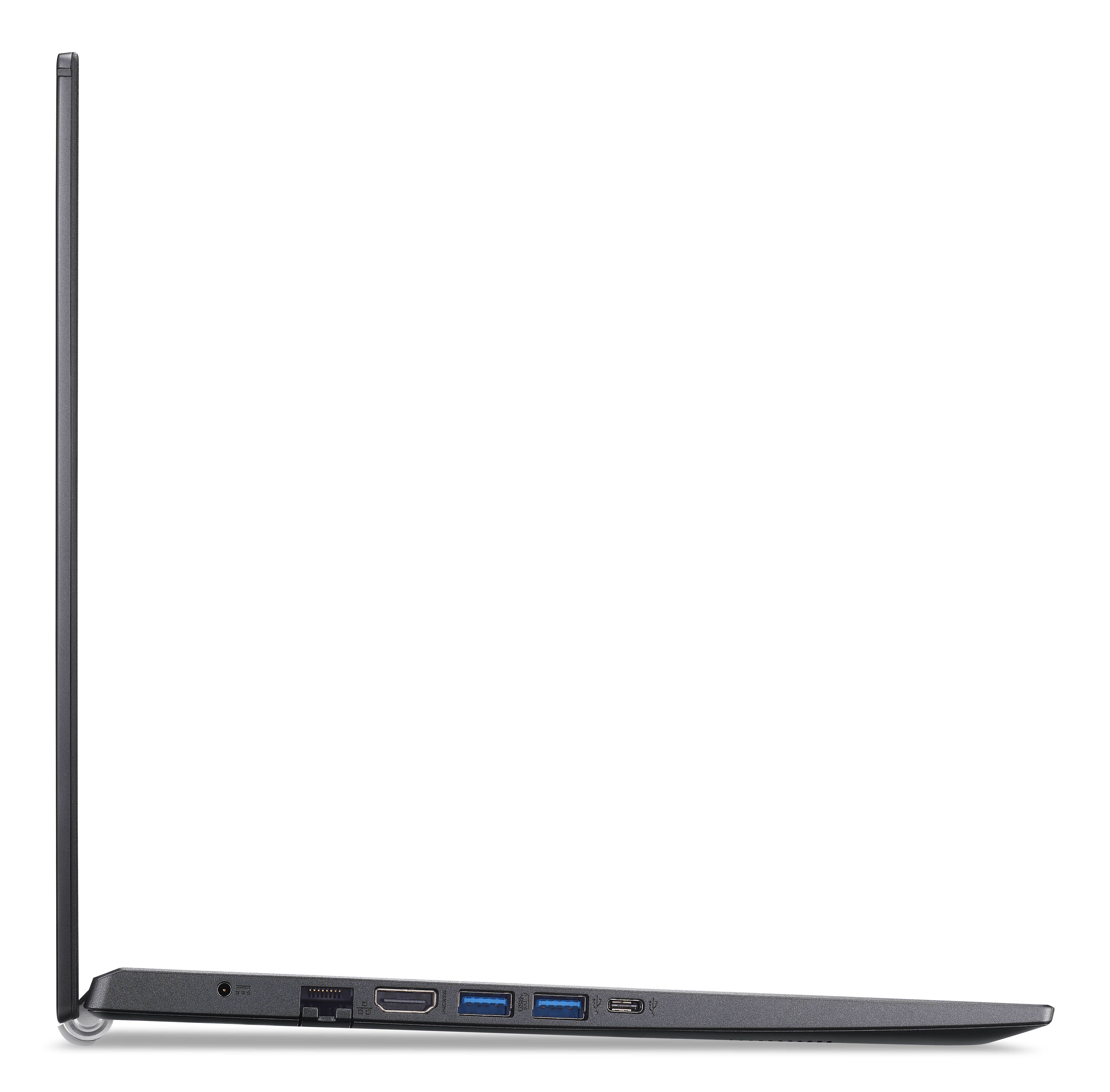 Seitenansicht eines dünnen dunkelgrauen Laptops mit Strom-, Ethernet-, HDMI-, USB- und Type-C-Anschlüssen.