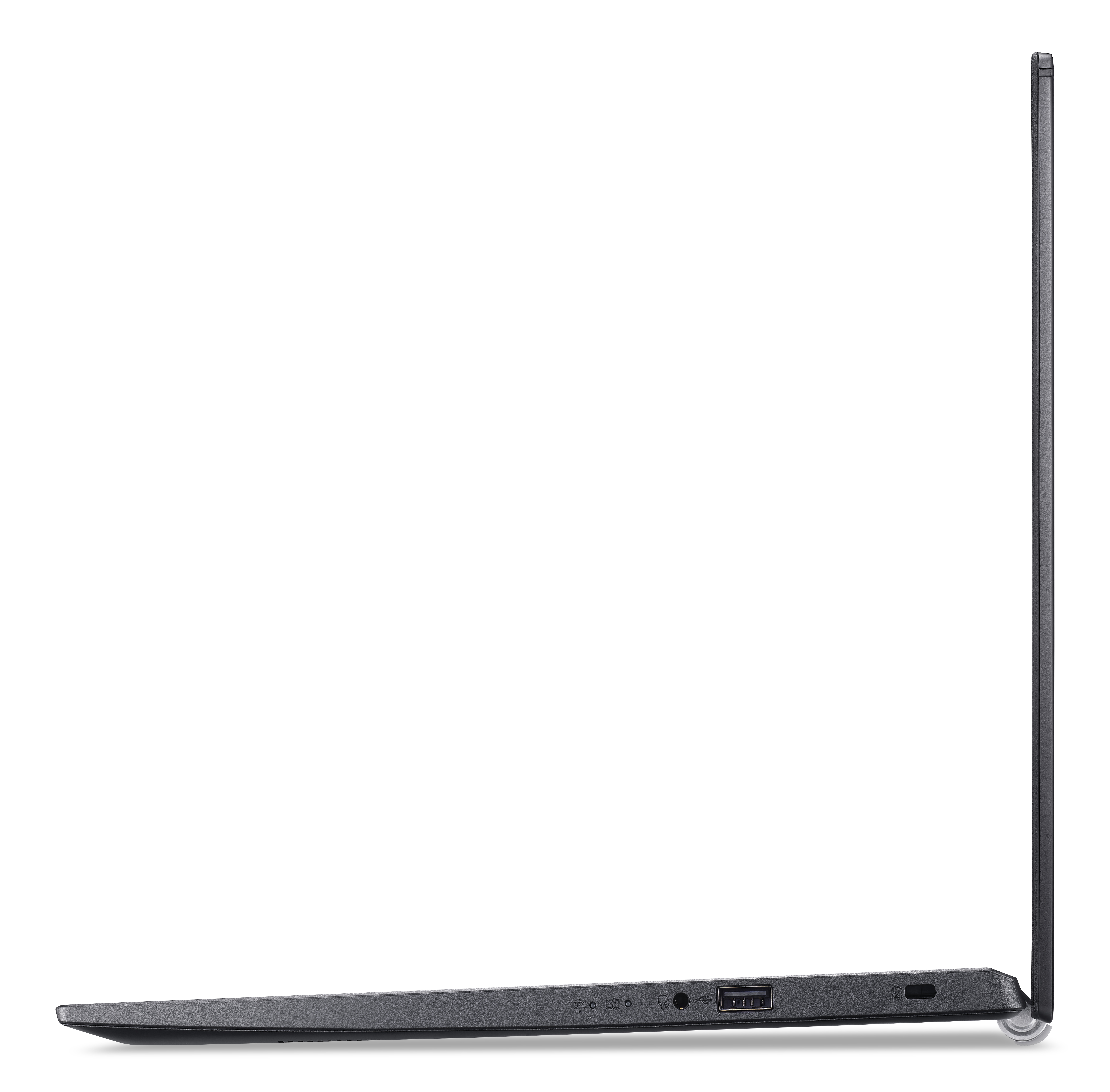 Seitenansicht eines dünnen schwarzen Laptops mit sichtbaren Anschlüssen.