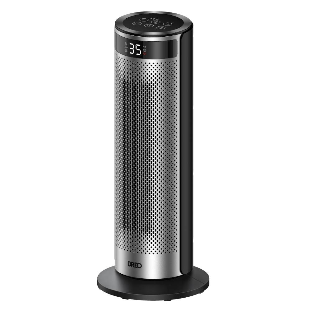 Un calefactor de torre negro y plateado con pantalla digital y controles superiores.