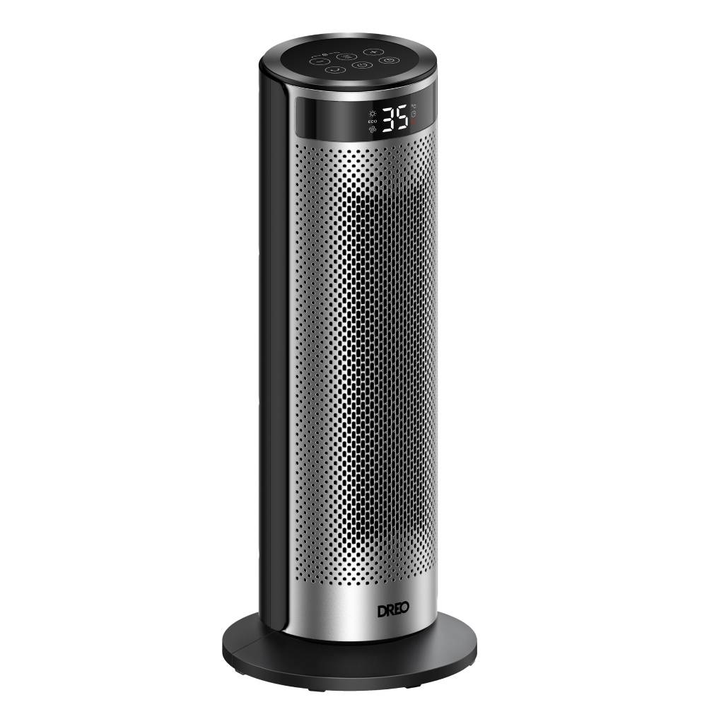 Calefactor de torre Dreo en negro y plateado con pantalla digital, rejilla metálica perforada y base redonda.