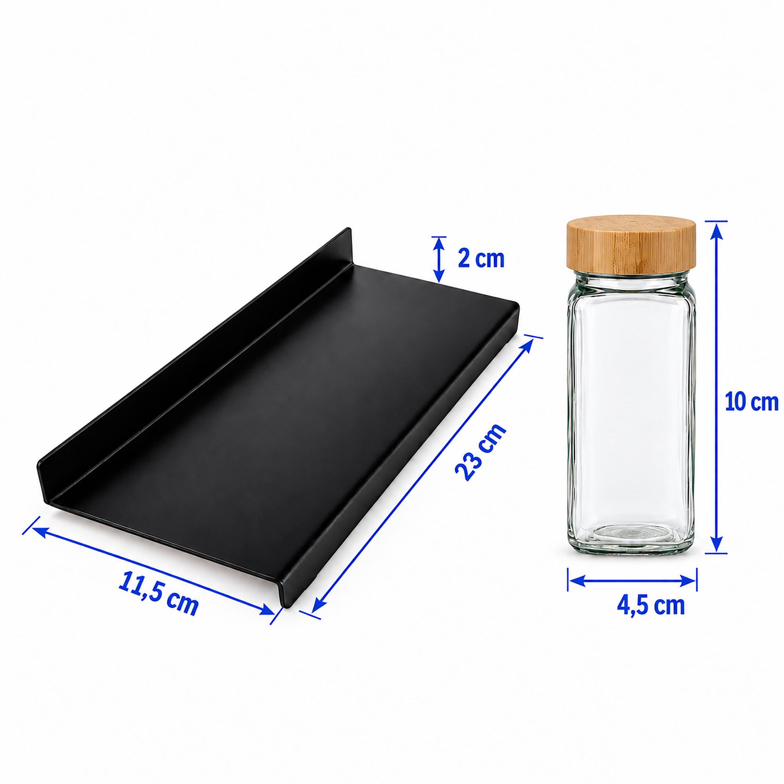 Ein schwarzes Metalltablett und ein Glas mit Holzdeckel und Maßangaben.