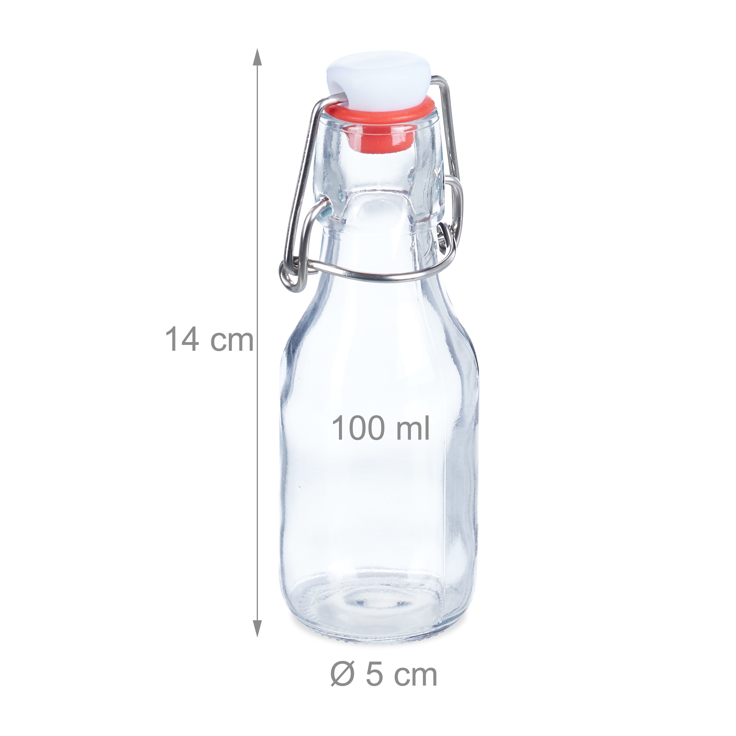 Durchsichtige 100-ml-Glasflasche mit Bügelverschluss, 14 cm Höhe und 5 cm Durchmesser auf weißem Hintergrund.