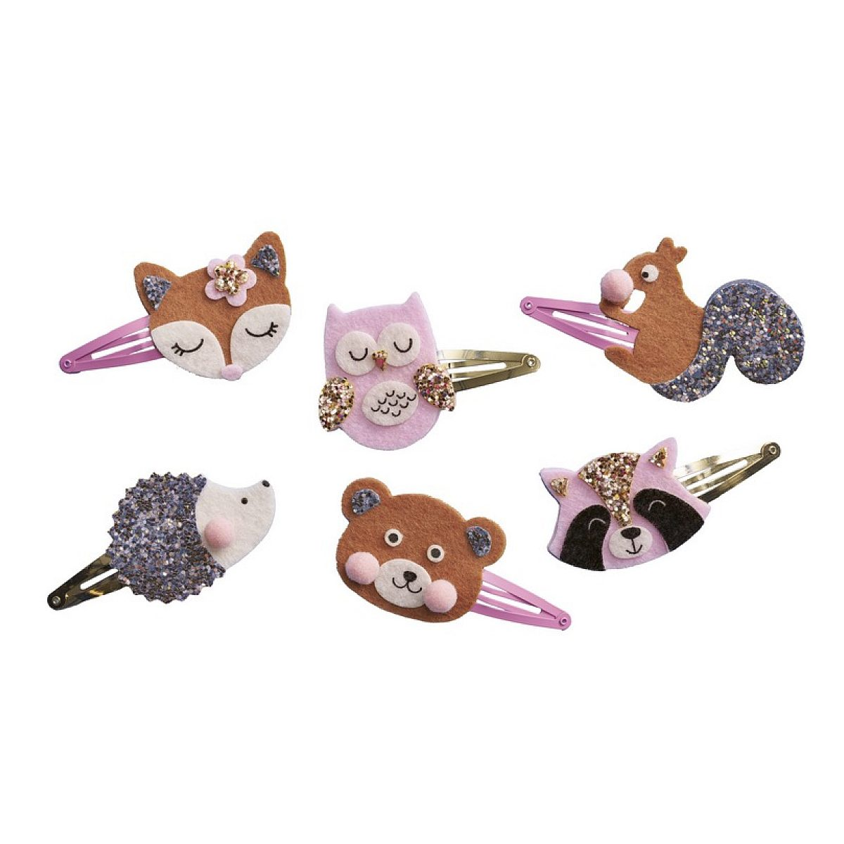 Sechs Haarspangen aus Filz mit Tiermotiven wie Fuchs, Eule, Eichhörnchen, Igel, Bär und Waschbär.