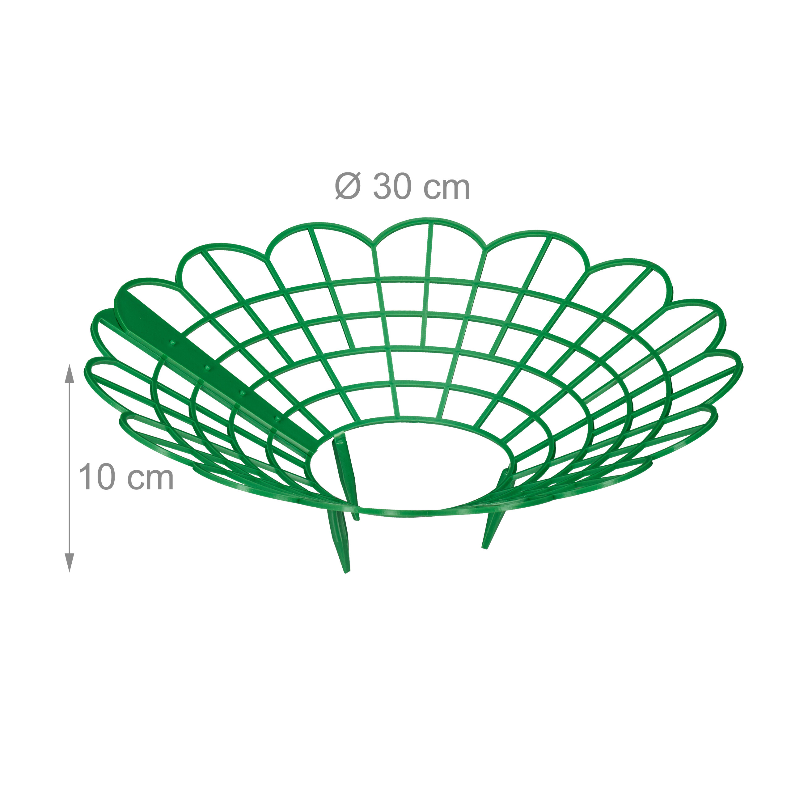 Grüner, trichterförmiger Pflanzring mit 30 cm Durchmesser und 10 cm Höhe auf weißem Hintergrund.