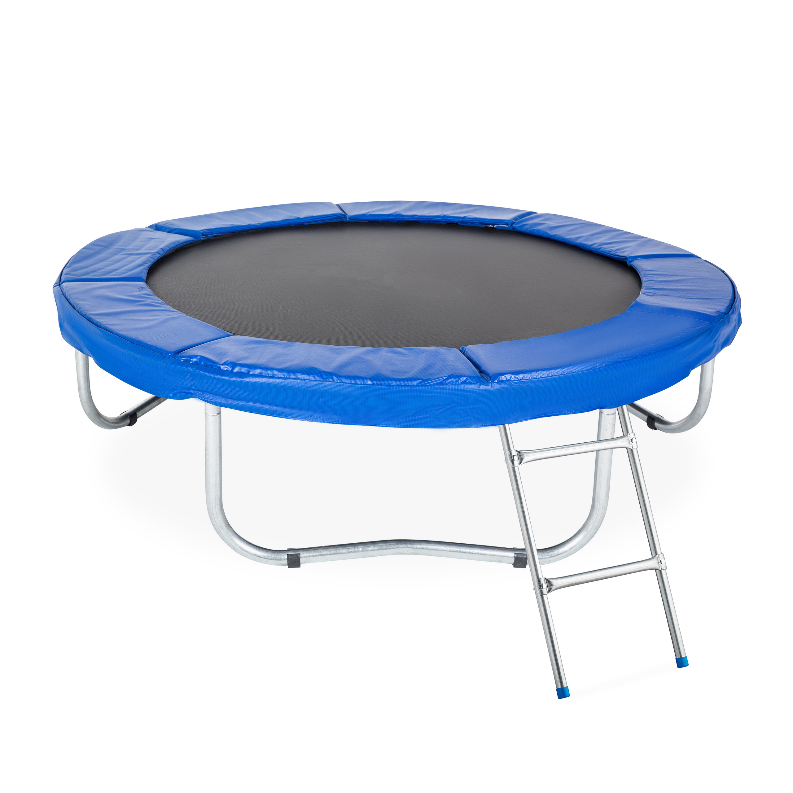 Ein rundes Trampolin mit schwarzer Sprungfläche, blauem Randpolster, Metallgestell und angebrachter Leiter.