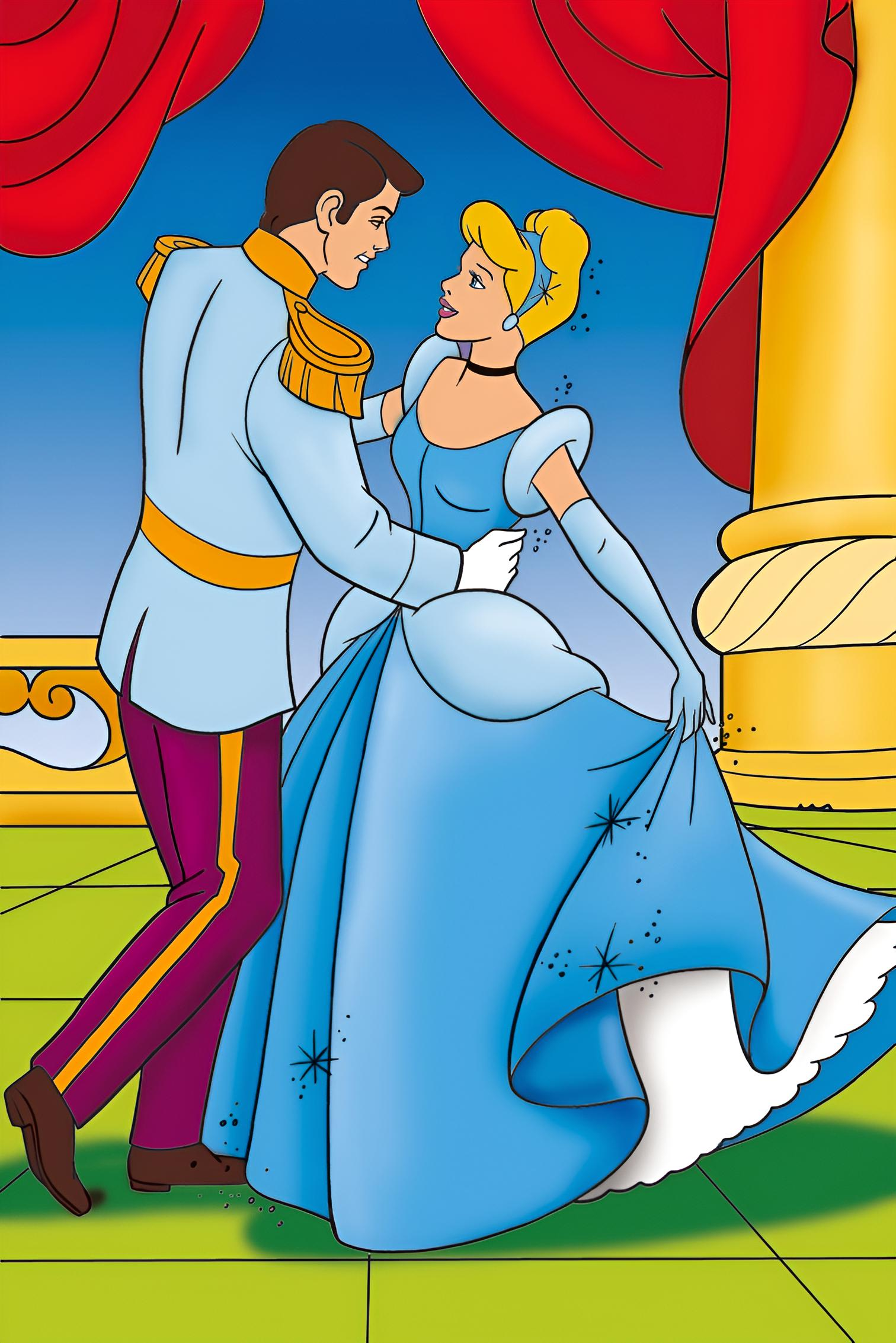 Prinz Charming und Aschenputtel tanzen gemeinsam im Palast.