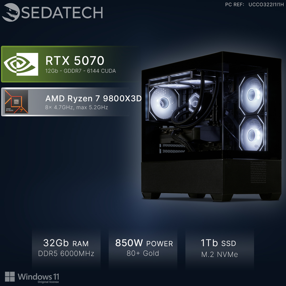 Sedatech PC mit RTX 5070, AMD Ryzen 7 9800X3D, 32GB RAM, 850W Netzteil und 1TB SSD vor dunklem Hintergrund.