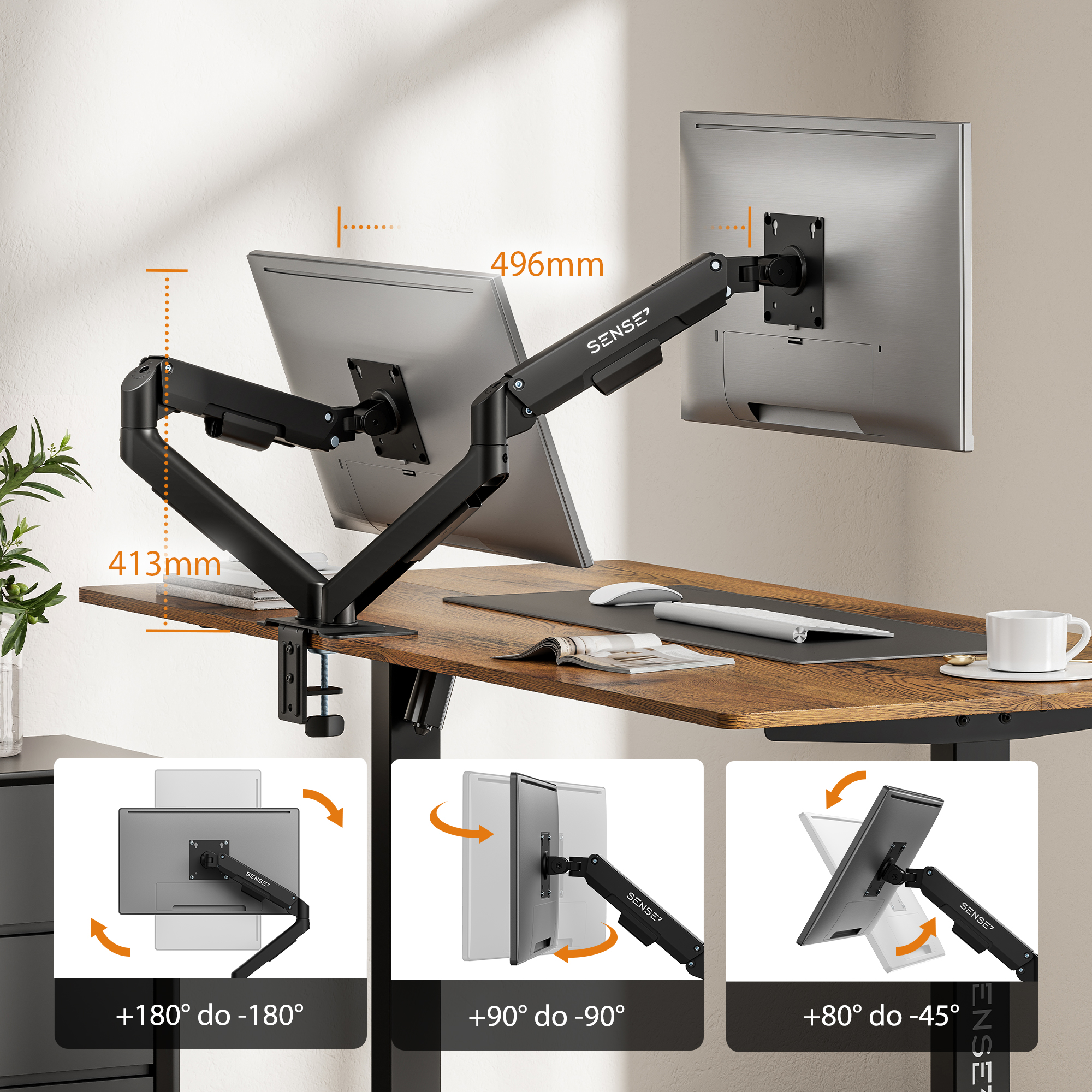 Doppelmonitorarm an einem Holztisch mit Verstellbereichen, Maßen und Rotationsdiagrammen.