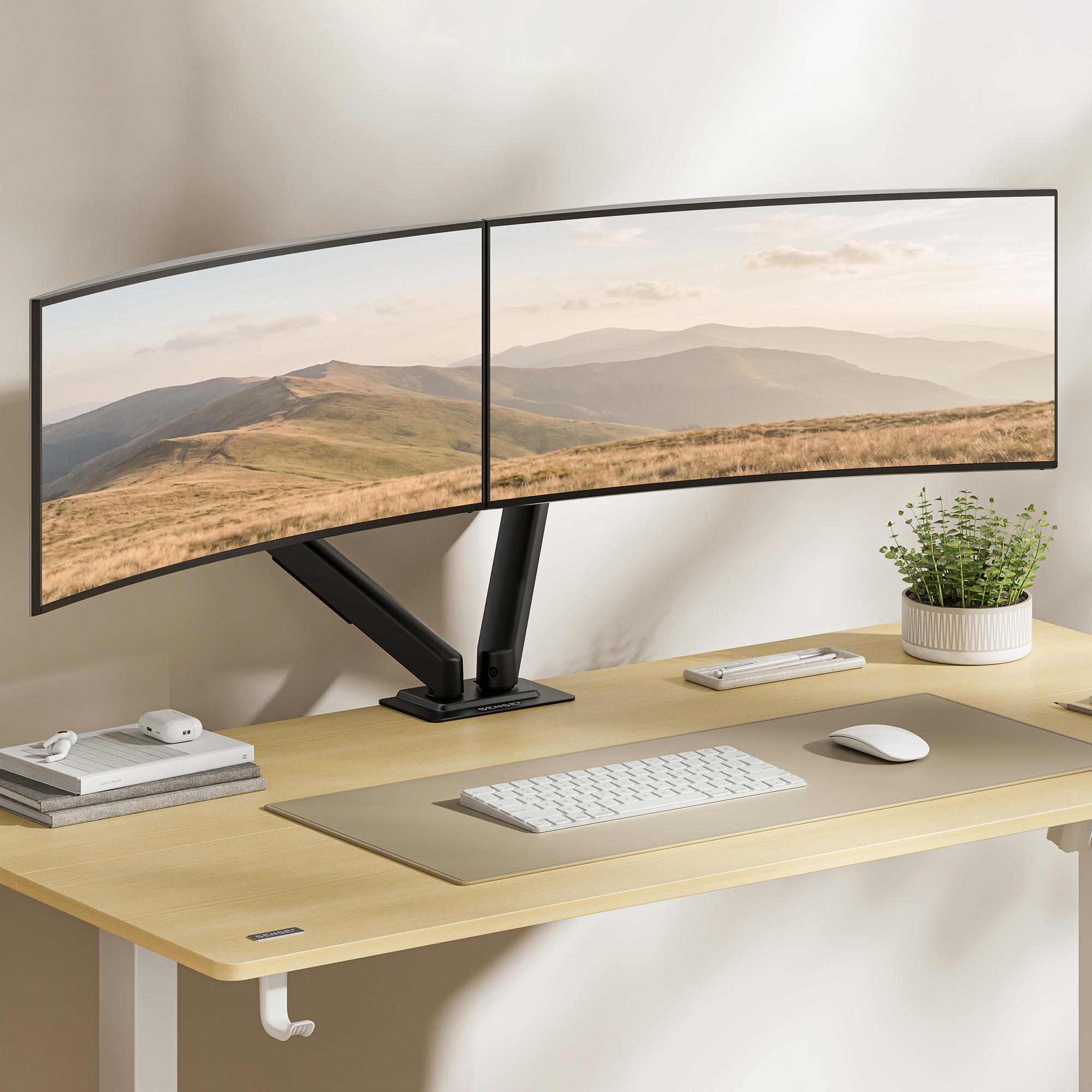 Zwei Monitore mit Berglandschaft auf einem Holzschreibtisch mit Tastatur, Maus und Pflanze.