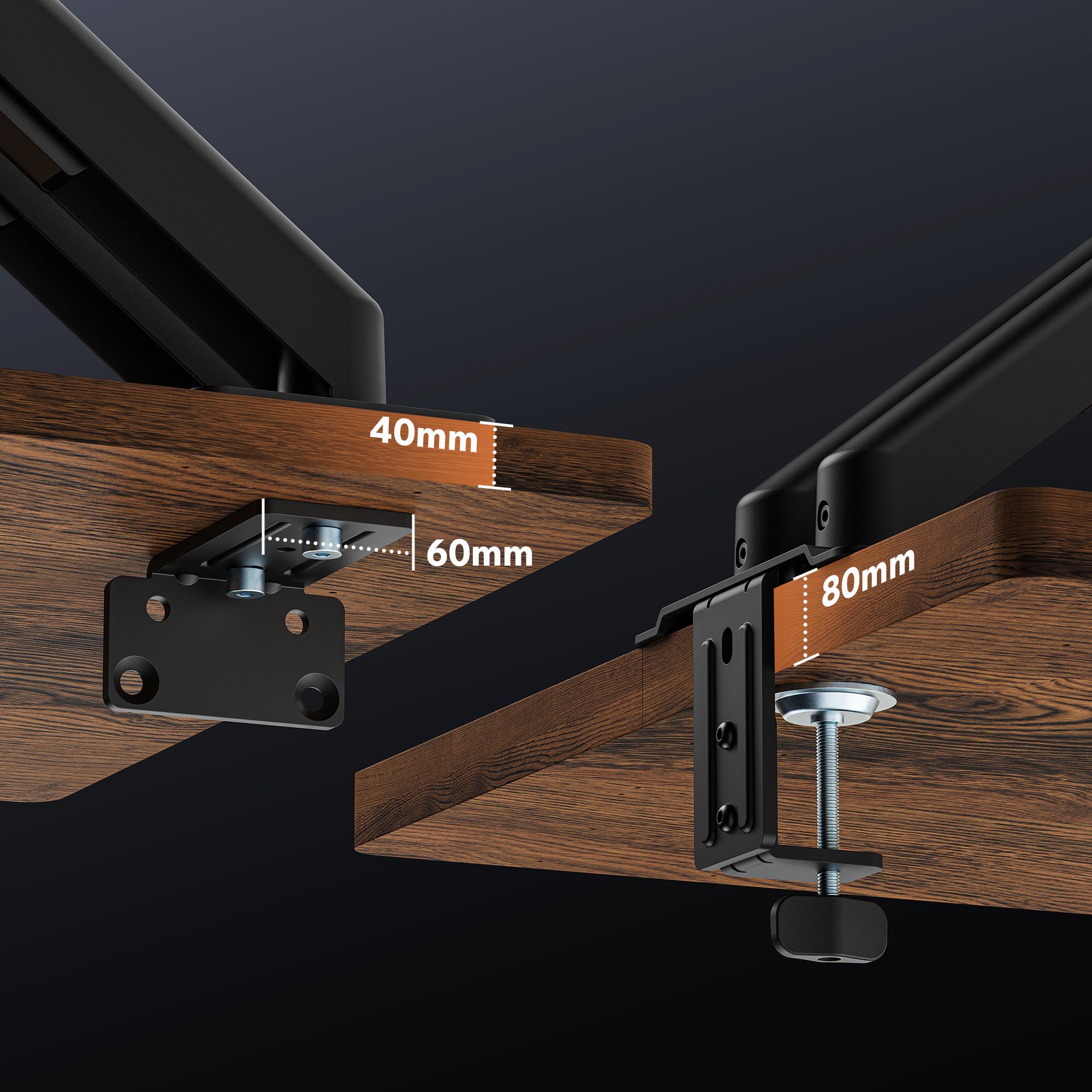 Diagramm zeigt Tischhalterungs-Installationsmaße mit 40mm, 60mm und 80mm Messungen an Holztischen.