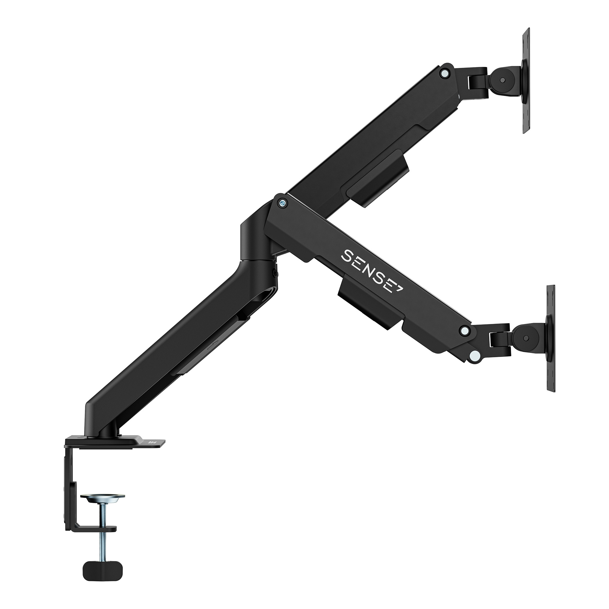 Ein schwarzer Dual-Monitorarm mit Tischklemme und VESA-Halterungen vor weißem Hintergrund.