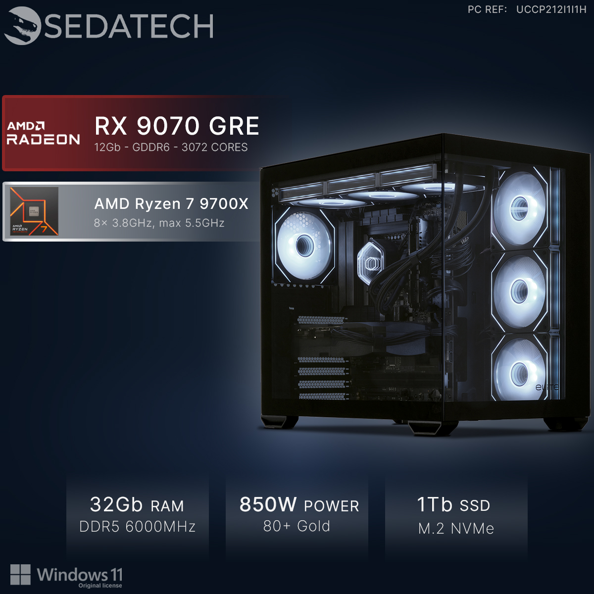SEDATECH AMD Ryzen 7 9700X mit Wasserkühlung, Gaming PC mit AMD Ryzen ...