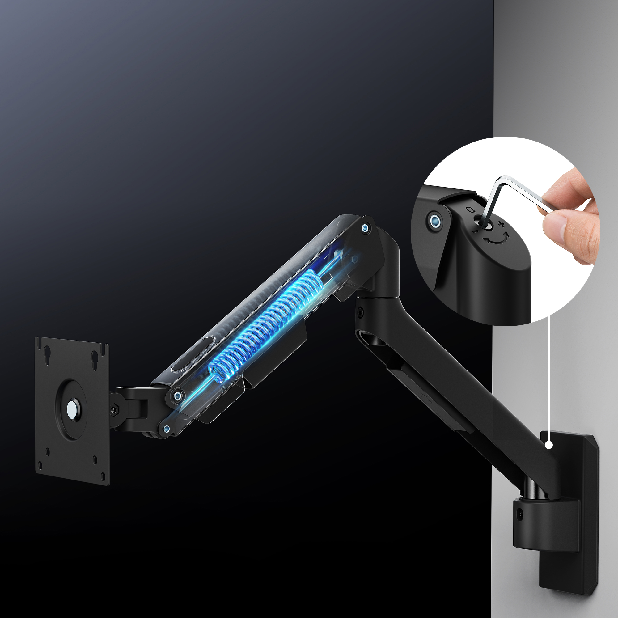 Schwarzer Monitorarm an Wand, innen mit blauer Feder, Inset-Bild zeigt Hand mit Inbusschlüssel zum Justieren.