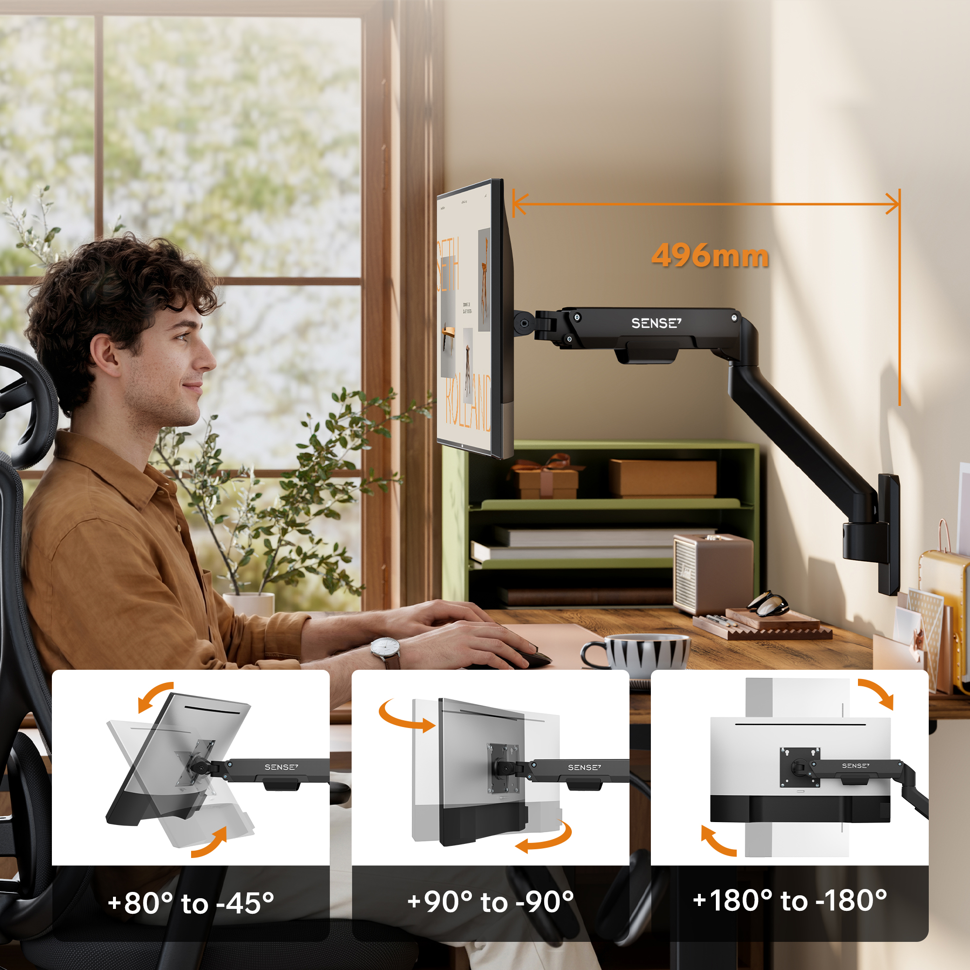 Ein Mann sitzt an einem Holztisch vor einem Monitor an einem schwarzen Arm. Unten sind drei Funktionsdiagramme zu sehen.