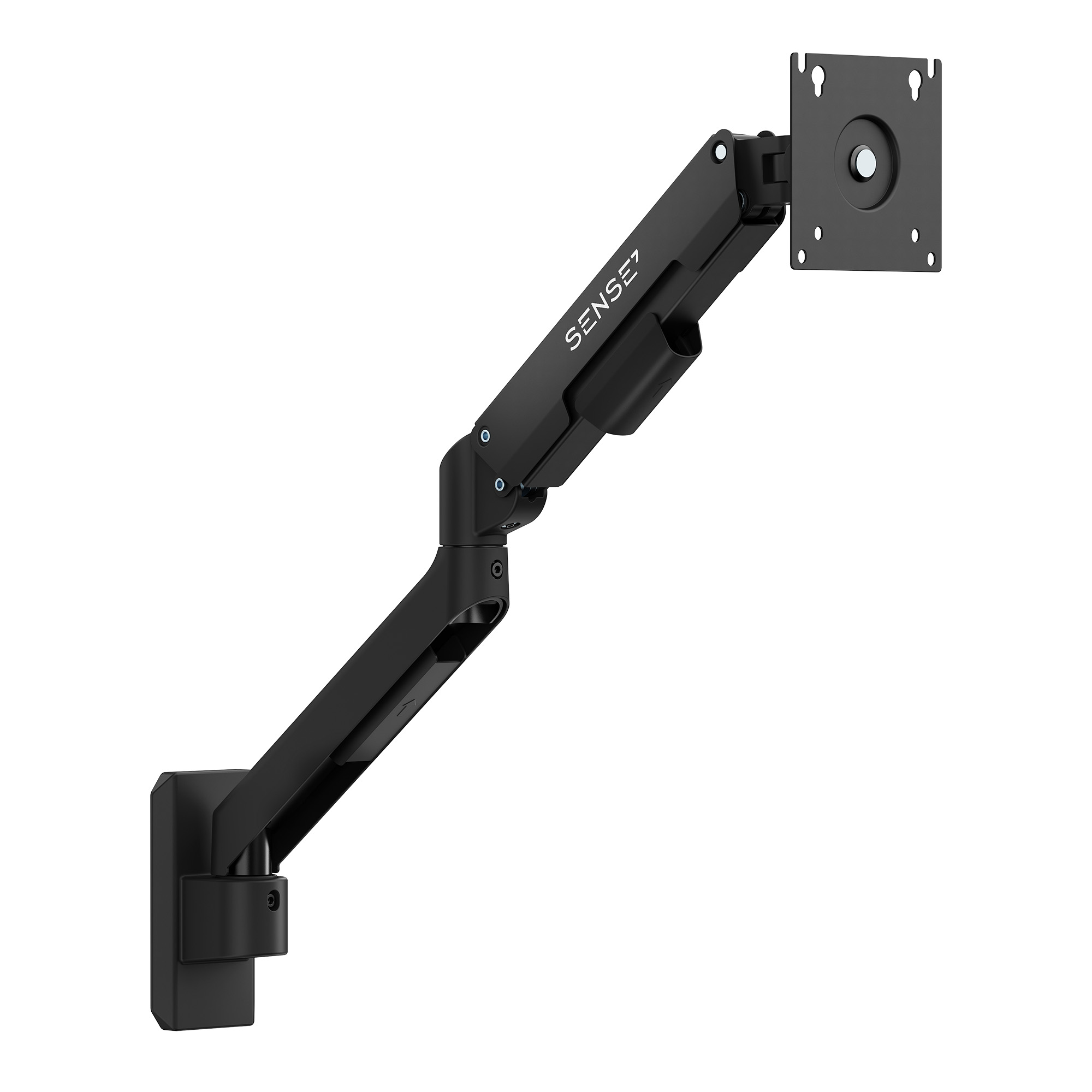 Ein schwarzer, verstellbarer Monitorarm von Sense7 mit VESA-Halterung.