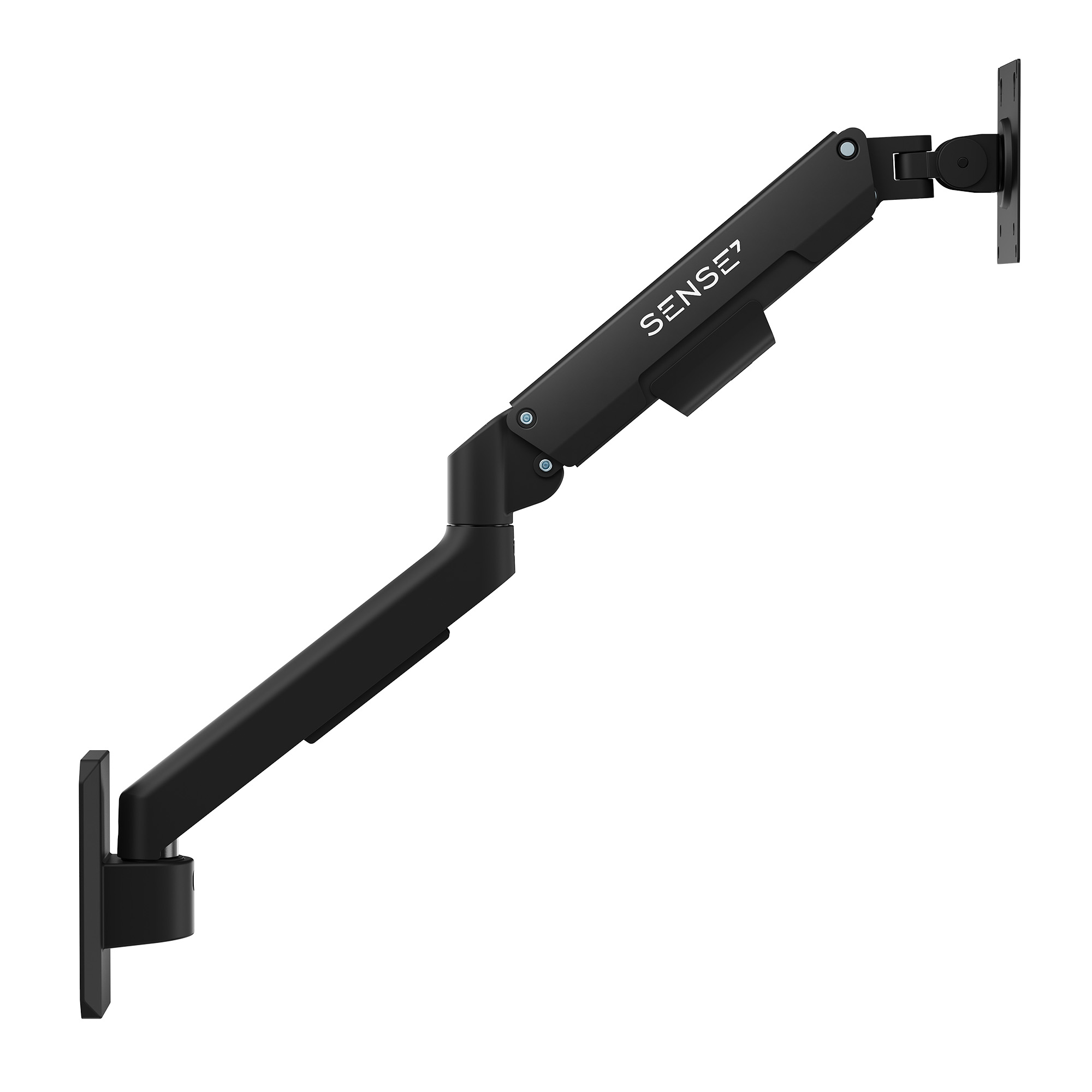 Ein schwarzer, verstellbarer Monitorarm von SENSE7 mit Wandhalterung auf weißem Hintergrund.