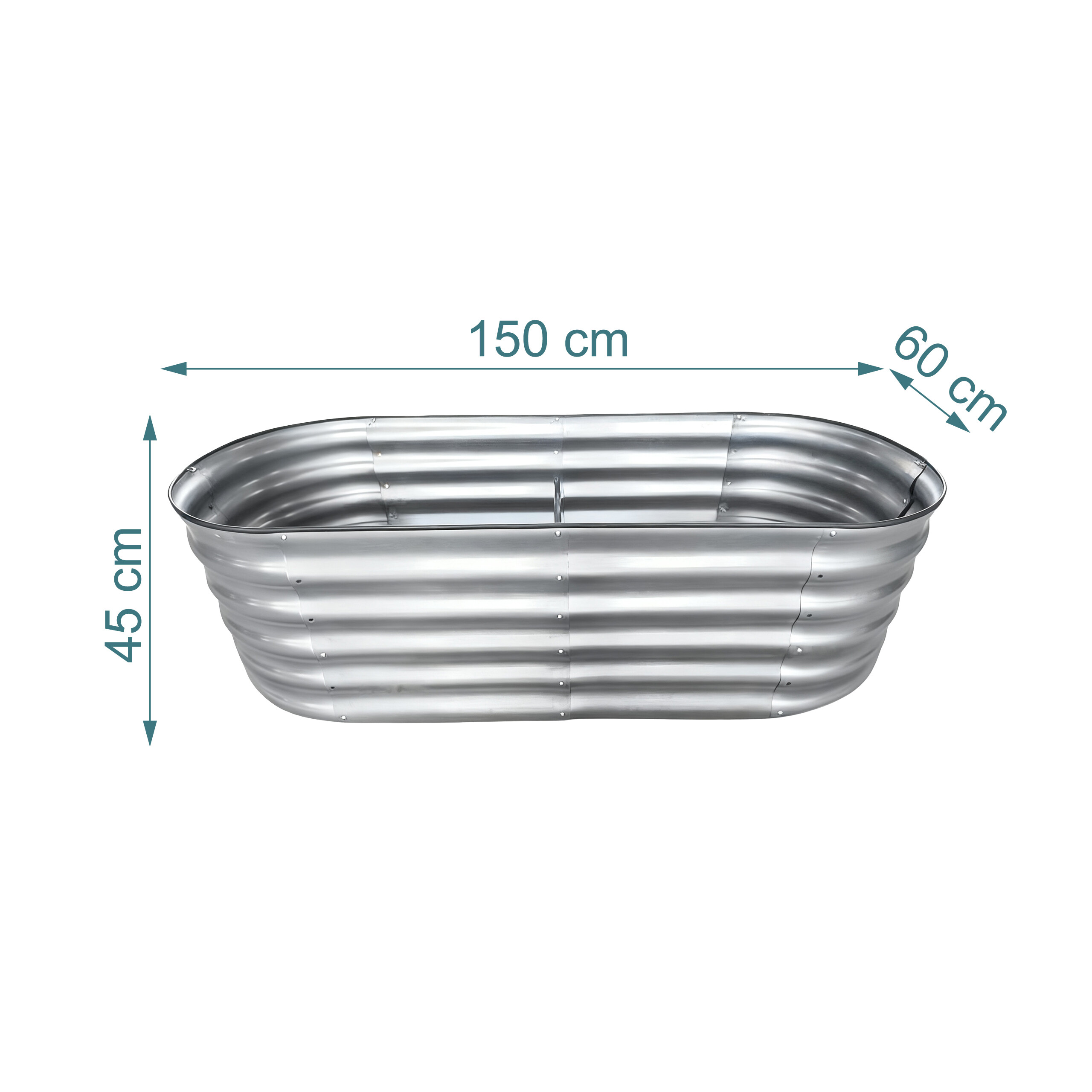 Ein ovales Hochbeet aus silbernem Metall mit den Maßen 150 cm Länge, 60 cm Breite und 45 cm Höhe vor weißem Hintergrund.
