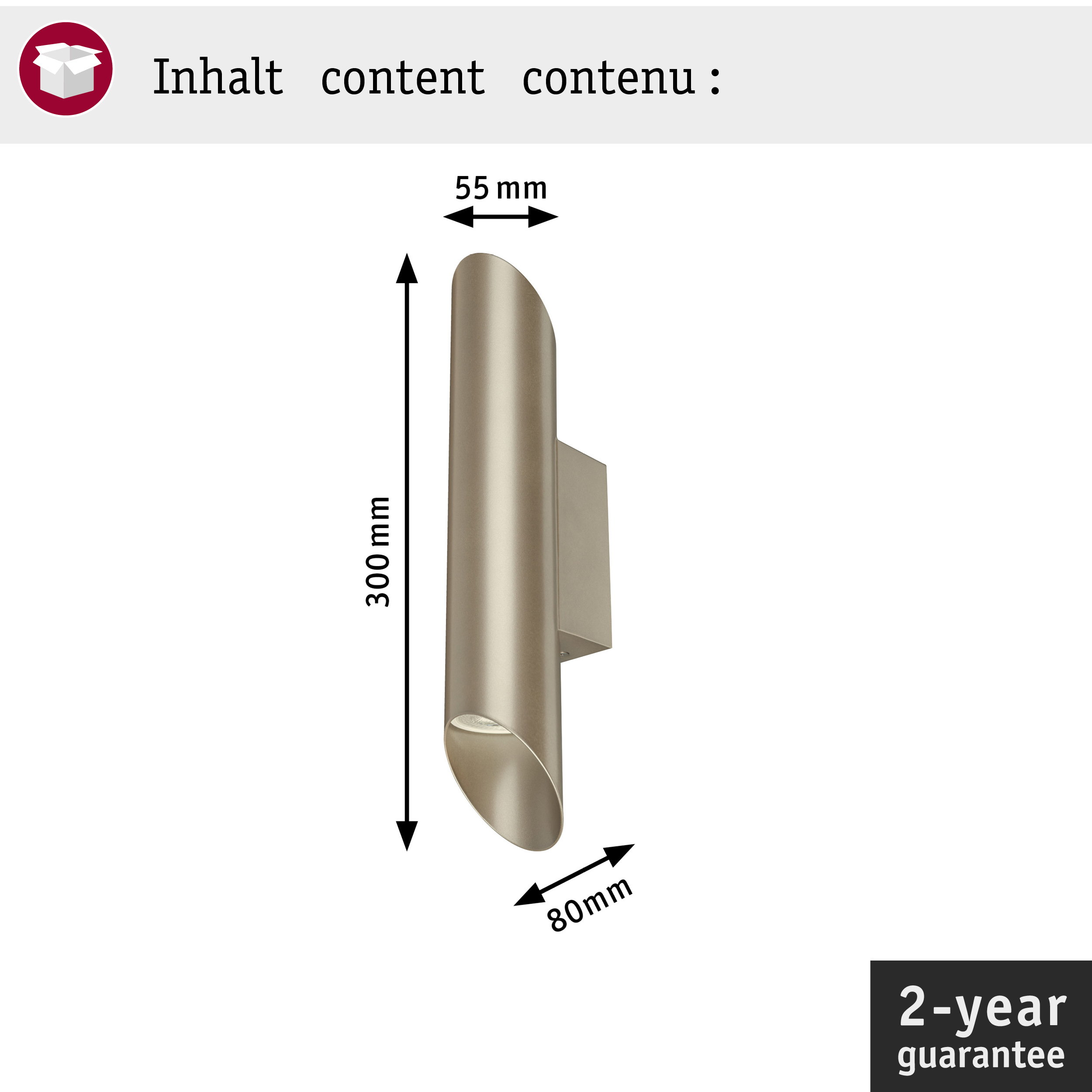 Technische Zeichnung einer zylindrischen Wandleuchte mit Maßen: 300 mm Höhe, 55 mm Breite und 80 mm Tiefe.