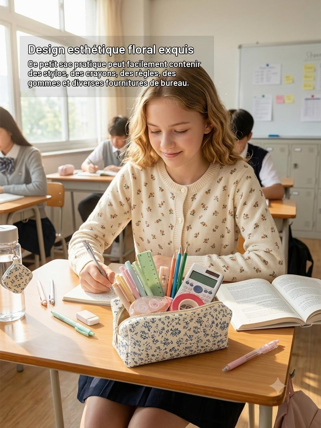 Ein blondes Mädchen sitzt an einem Schreibtisch im Klassenzimmer und schreibt, mit einem floralen Federmäppchen voller Stifte davor.