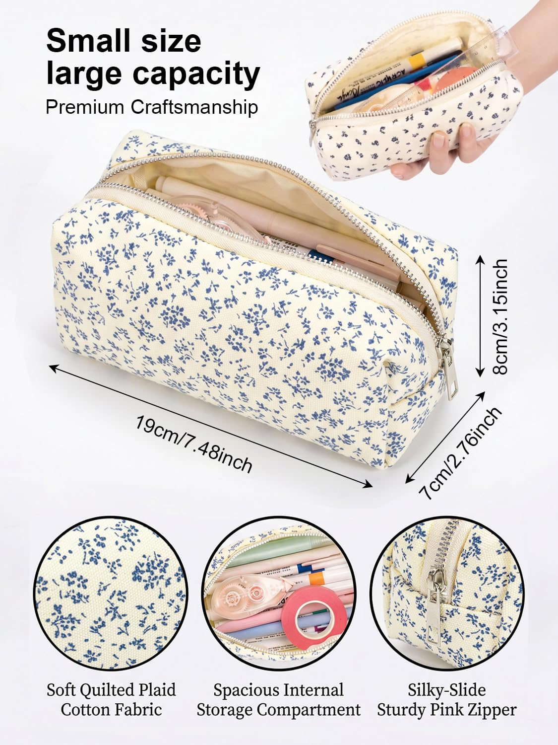 Beige Federtasche mit blauem Blumenmuster, Maßen und Detailaufnahmen von Stoff, Innenraum und Reißverschluss.