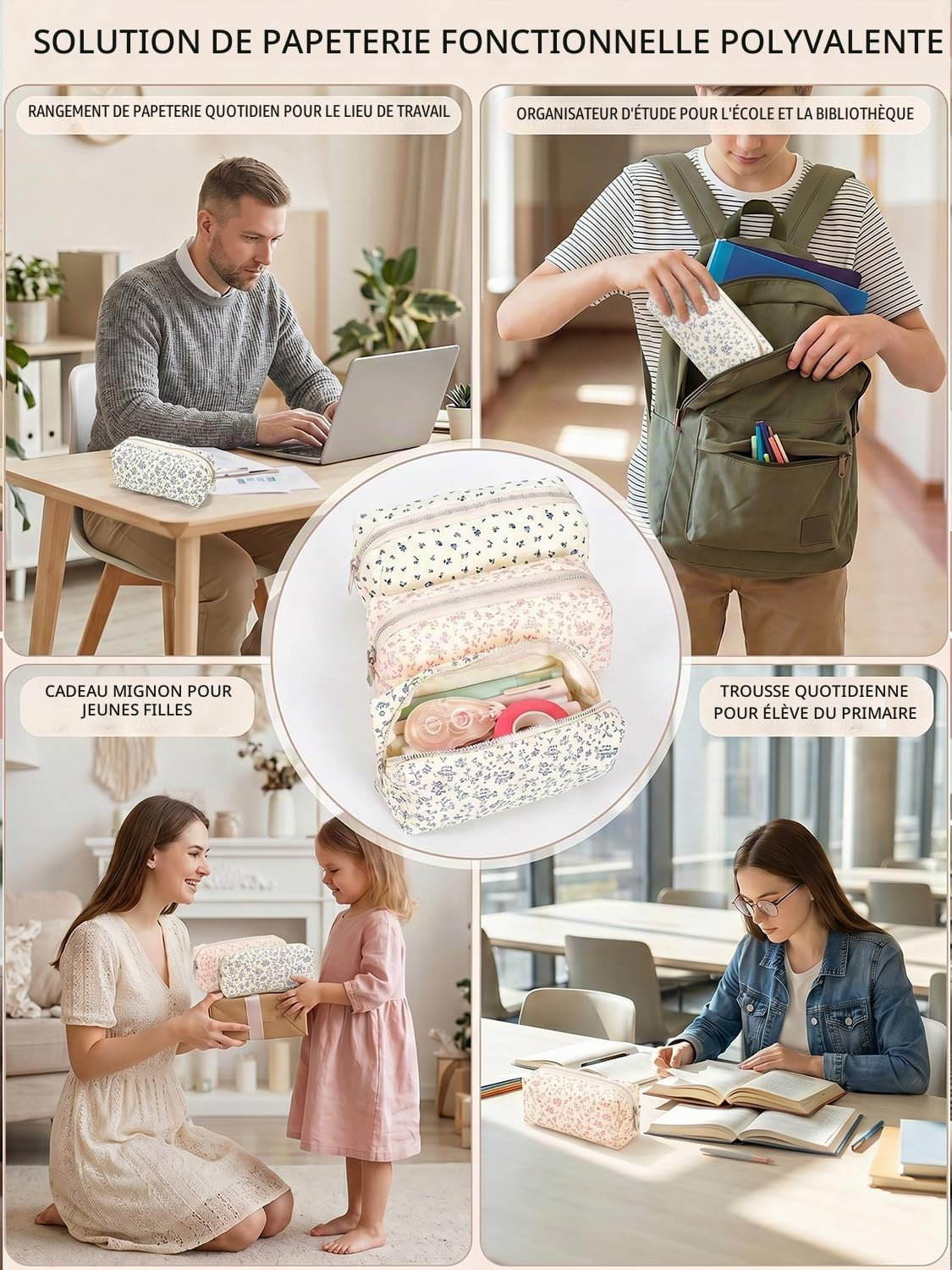Collage zeigt verschiedene Verwendungen von Blümchen-Federmäppchen durch Erwachsene und Kinder.