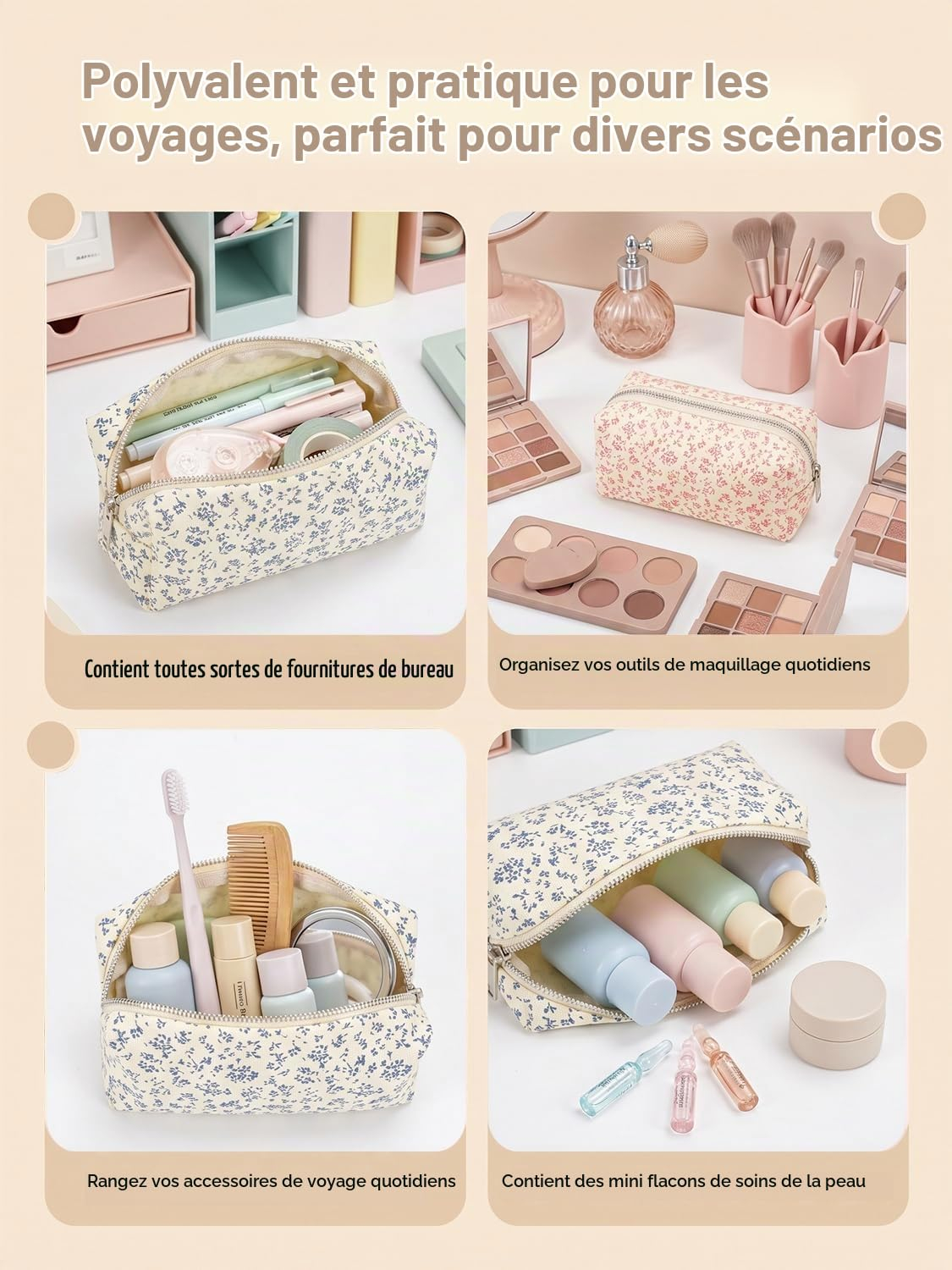 Vier Bilder zeigen eine florale Kosmetiktasche für Schreibwaren, Make-up, Toilettenartikel und Hautpflegeprodukte.