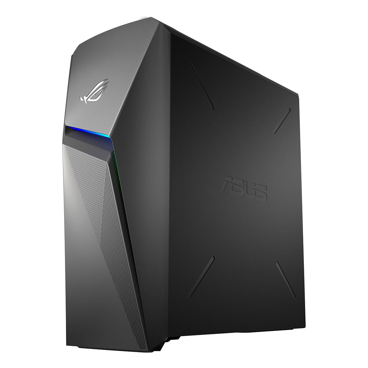 Czarna obudowa komputera stacjonarnego ASUS ROG z niebieskim oświetleniem LED na białym tle.