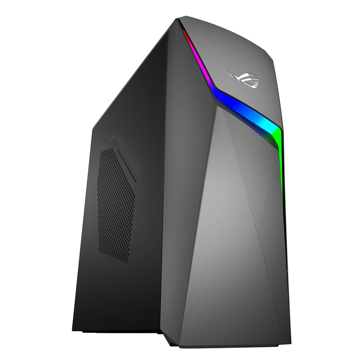 Czarna obudowa komputera do gier z podświetleniem RGB z przodu i logo ROG na białym tle.