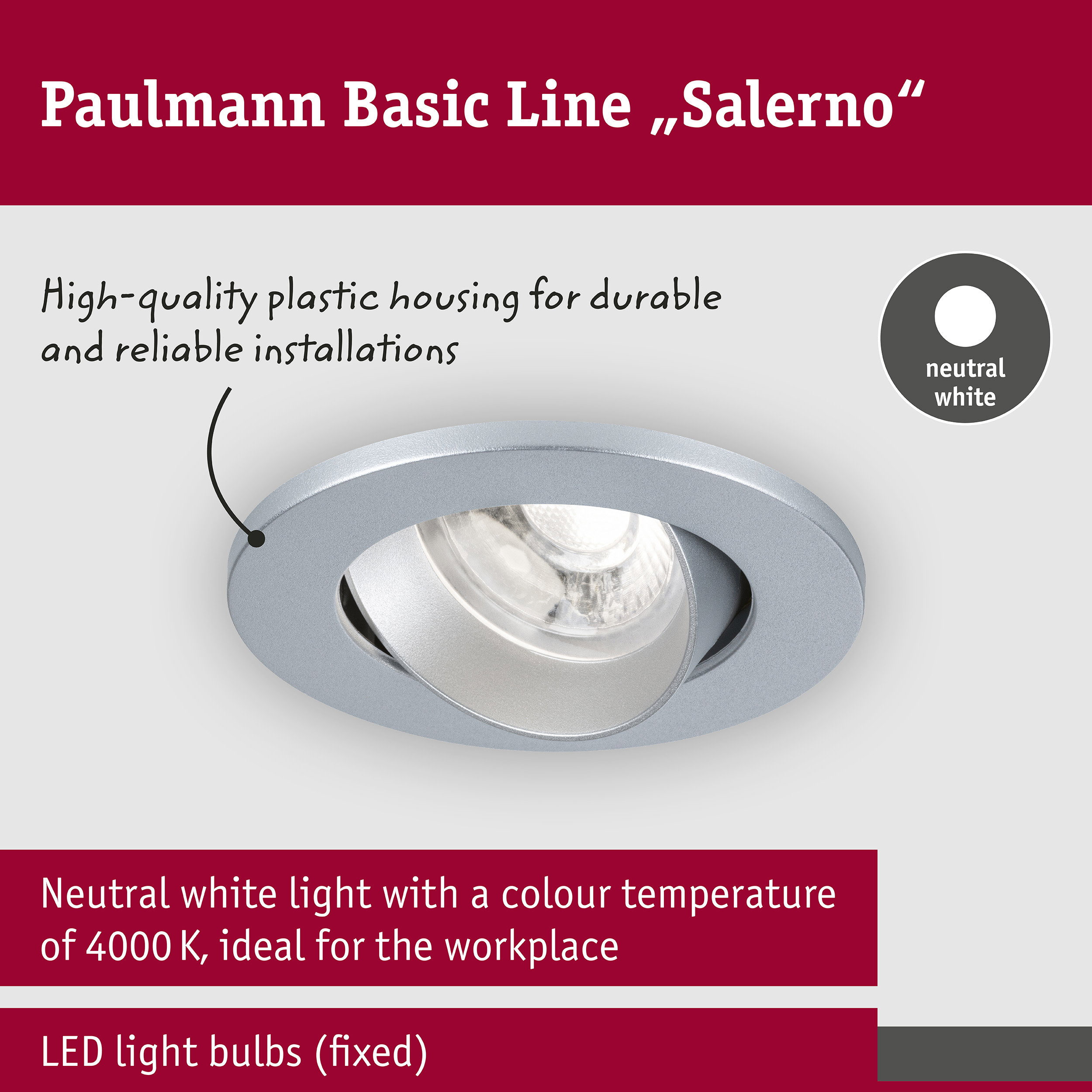 Einbaustrahler Paulmann Salerno mit neutralweißem Licht und Kunststoffgehäuse.