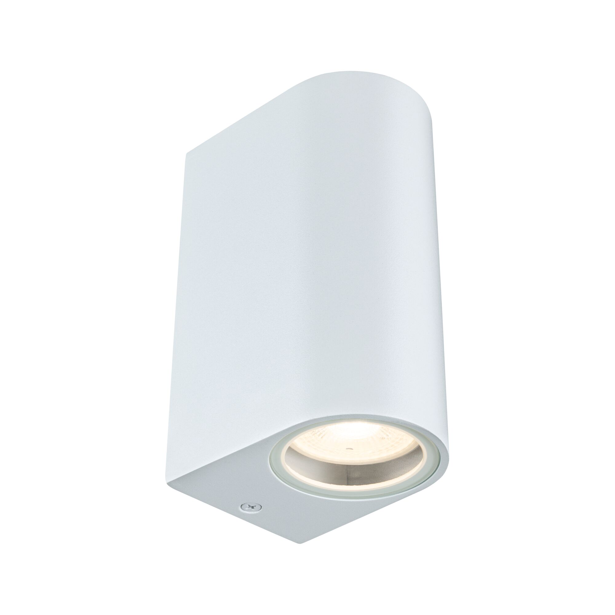 Eine moderne, weiße Wandleuchte mit abgerundeter rechteckiger Form und einer leuchtenden nach unten gerichteten Lampe.