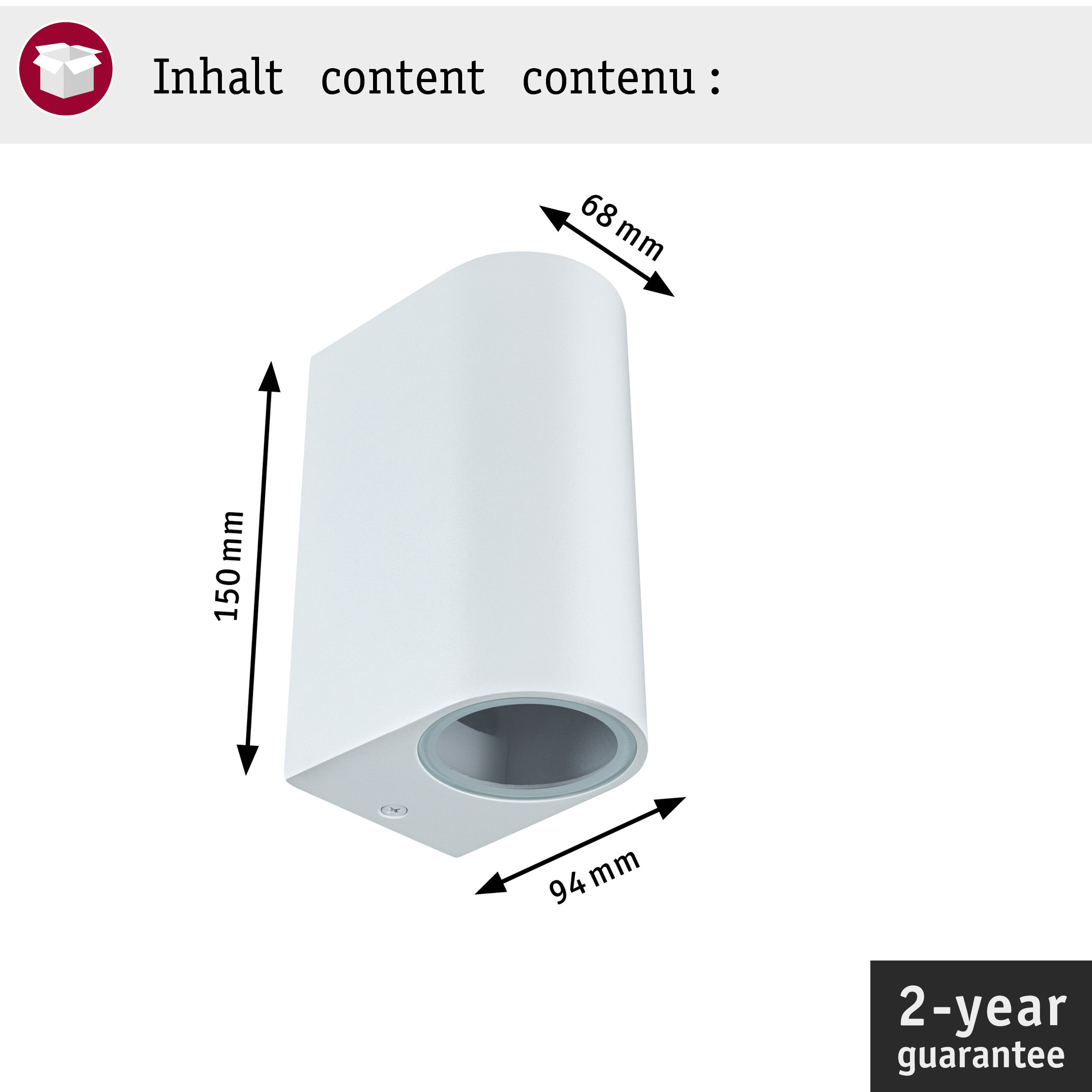 Technische Zeichnung einer ovalen weißen Wandleuchte mit Bemaßung von 150x94x68 mm und 2 Jahren Garantie.