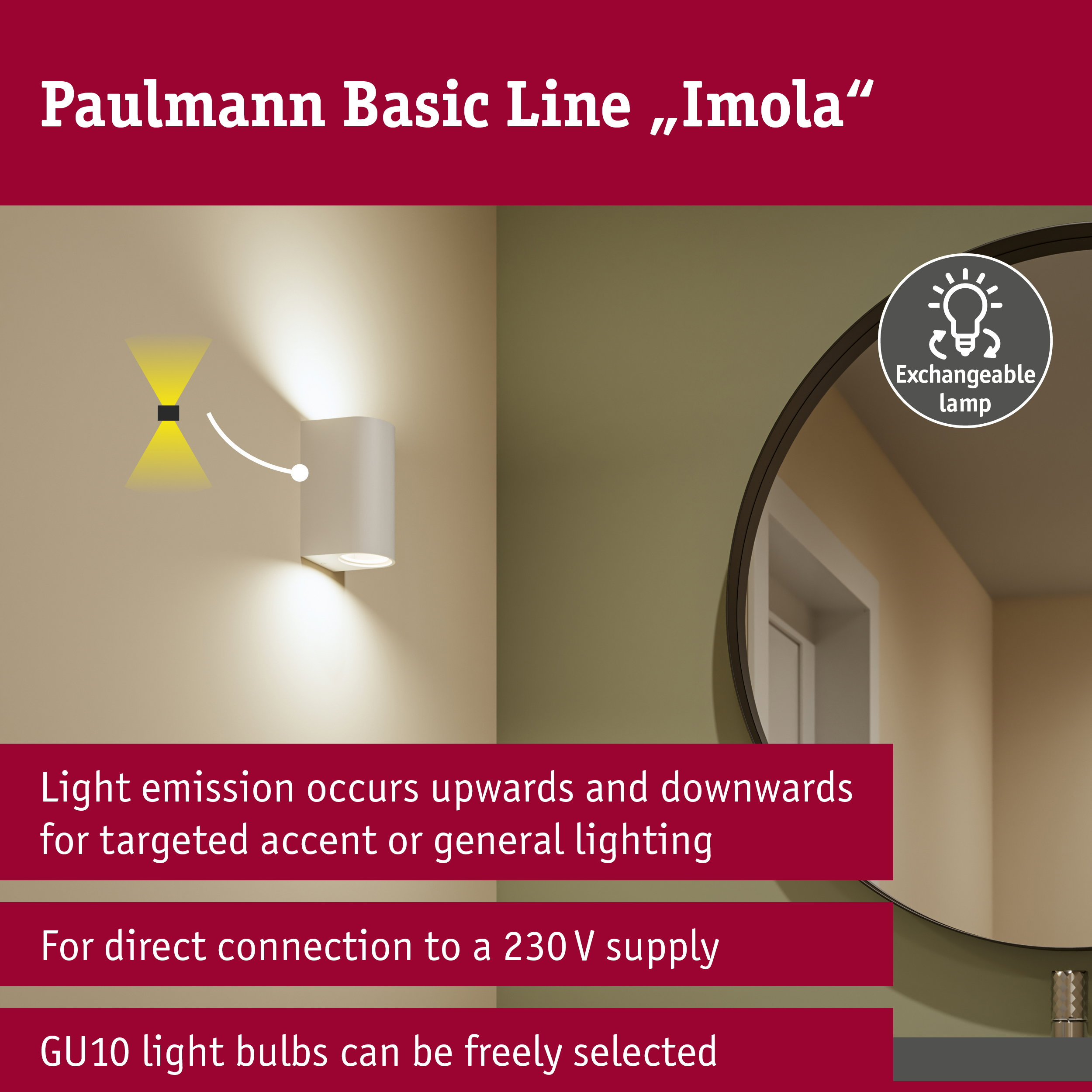 Wandleuchte Imola von Paulmann mit Up- und Downlight und austauschbaren GU10-Leuchtmitteln.