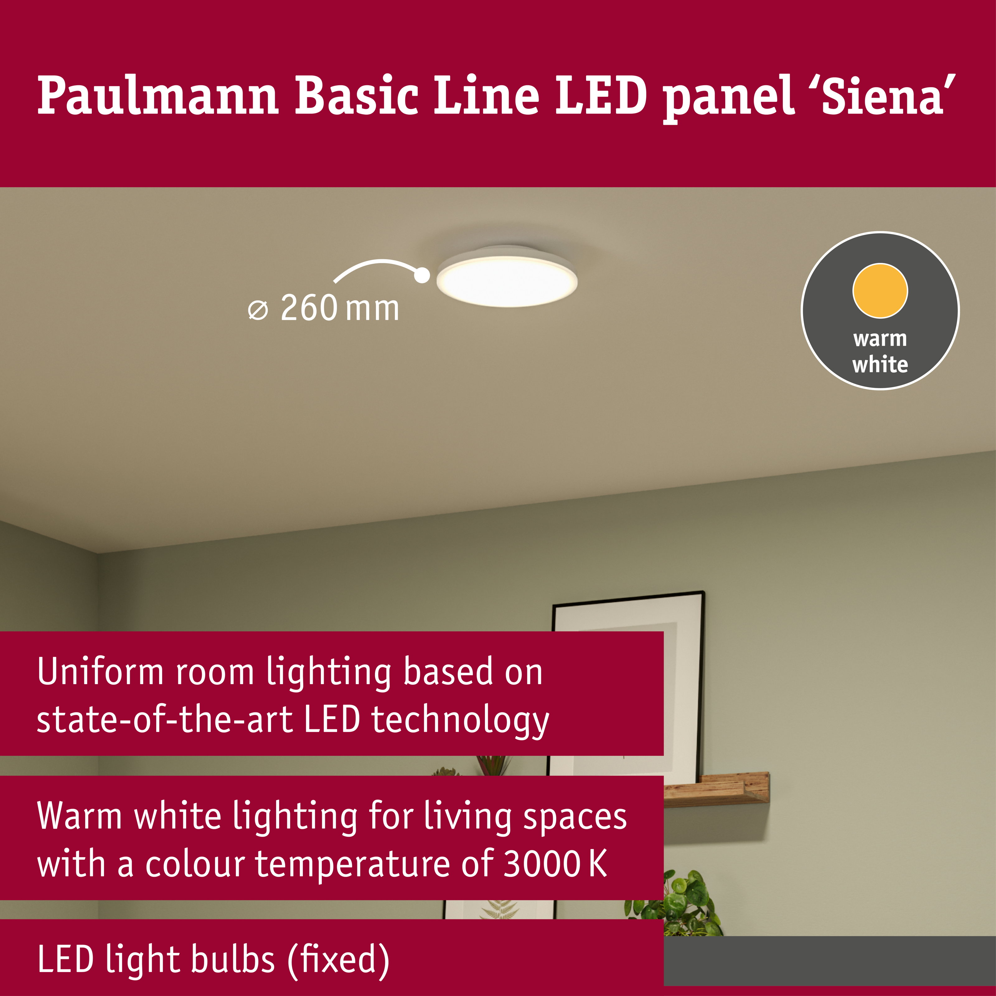 Paulmann Basic Line LED-Panel Siena an einer Decke mit Produktfeatures und warmweißem Licht.