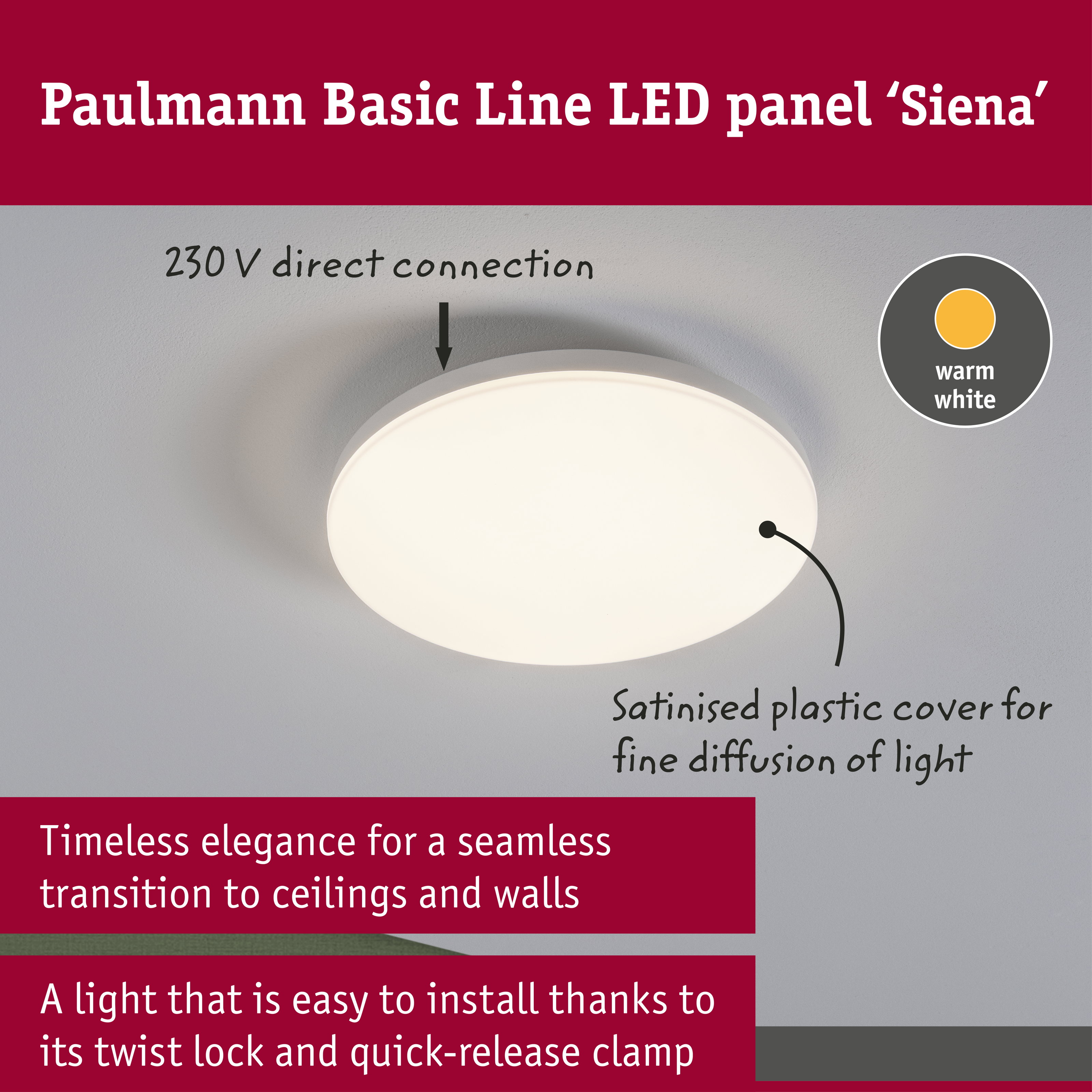Produktwerbung für das Paulmann LED-Panel Siena mit warmweißem Licht und einfacher Installation.