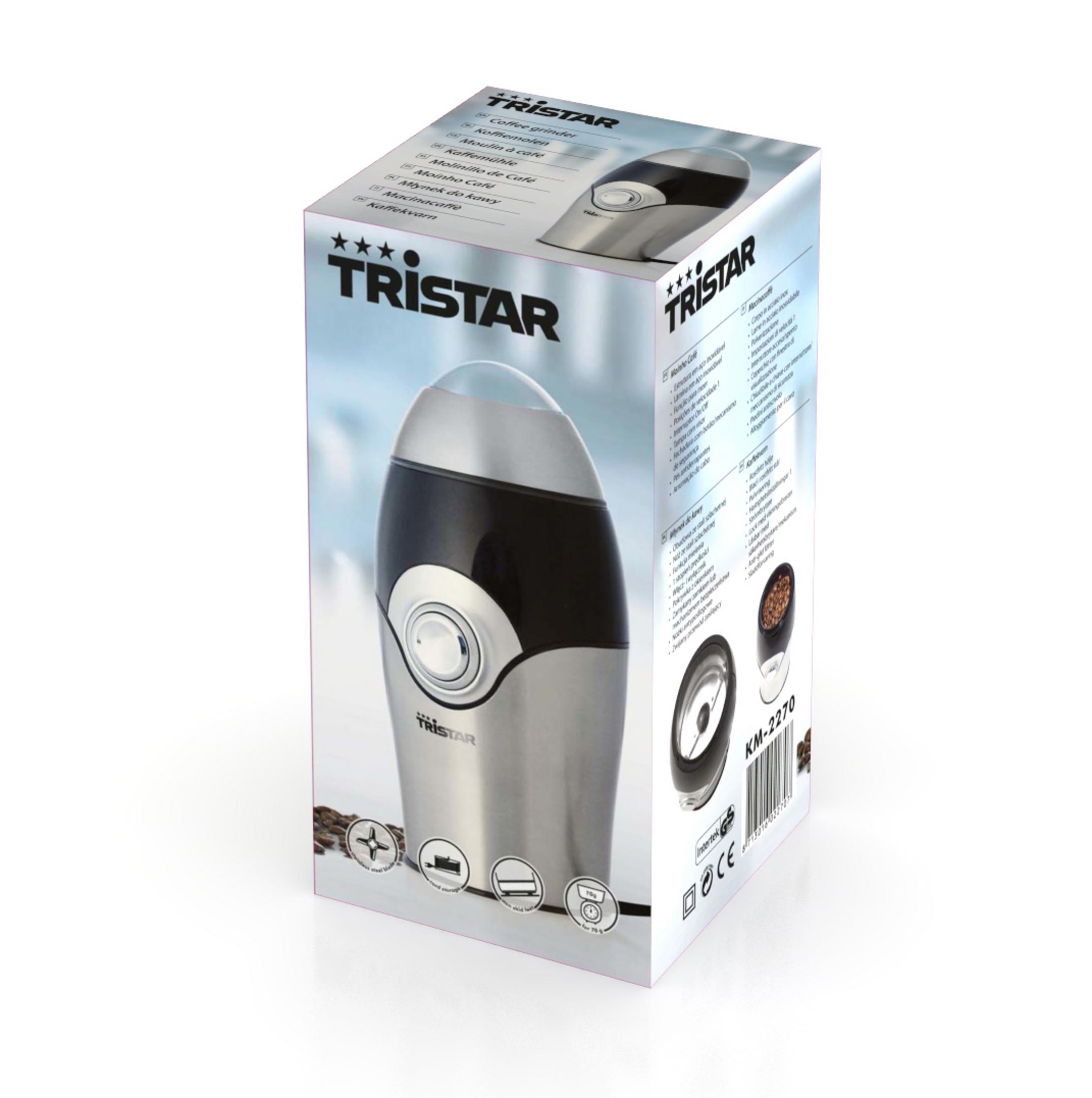 Tristar Kaffeemühlen-Produktbox mit silber-schwarzem Geräteschmuck und Produktdetails auf weißem Hintergrund.